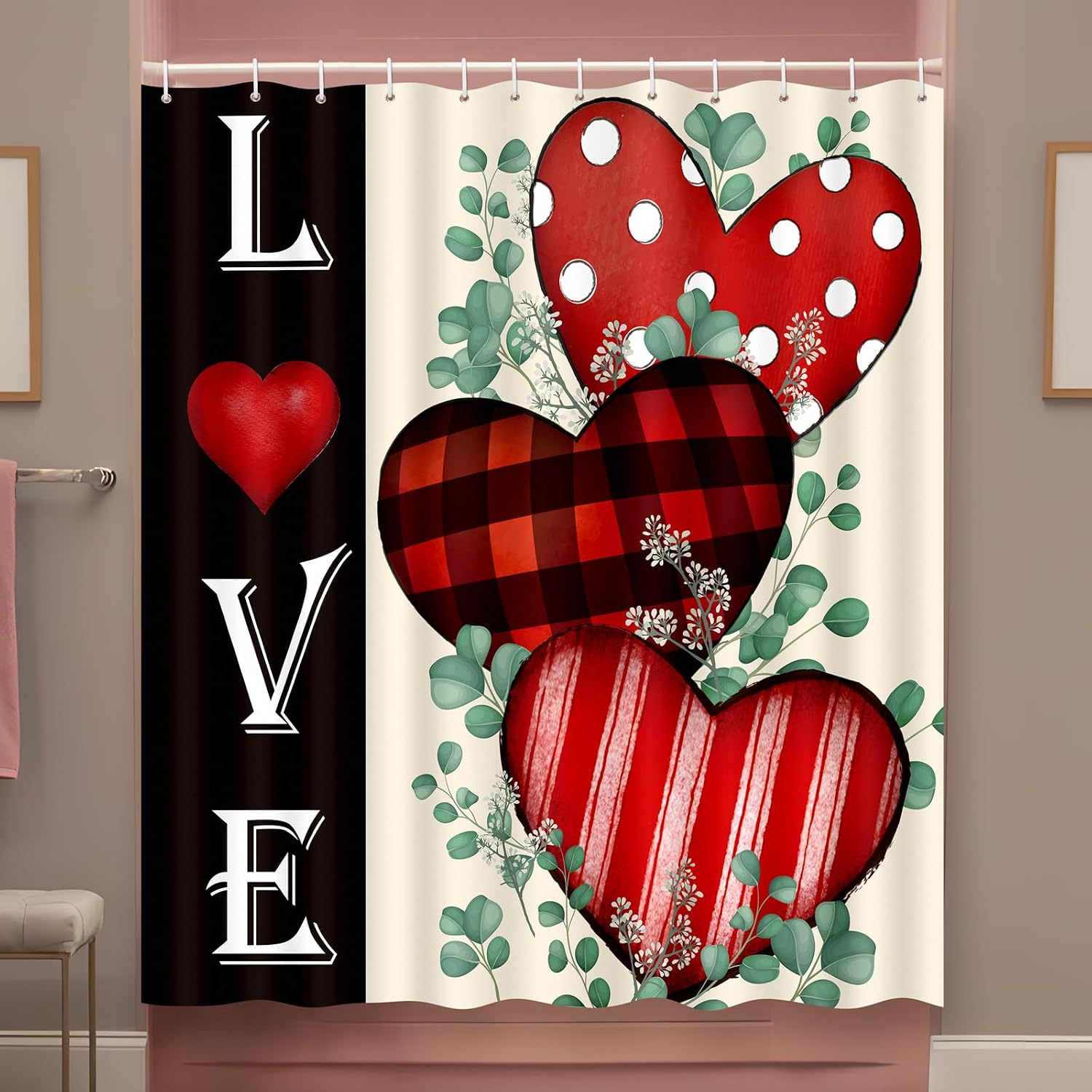 Amazon.com: Tieshankao Valentines Shower Curtain Bathroom Decor Red Love Hearts with 12 Hooks 72 ...