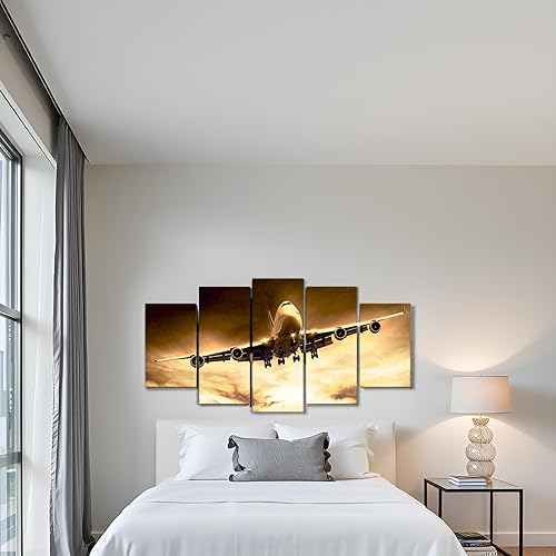 Miniatura 4 de sechars Lienzo grande de 5 piezas, arte para pared, diseño de avión al atardecer, impresión en lienzo para sala de estar, dormitorio, decoración de