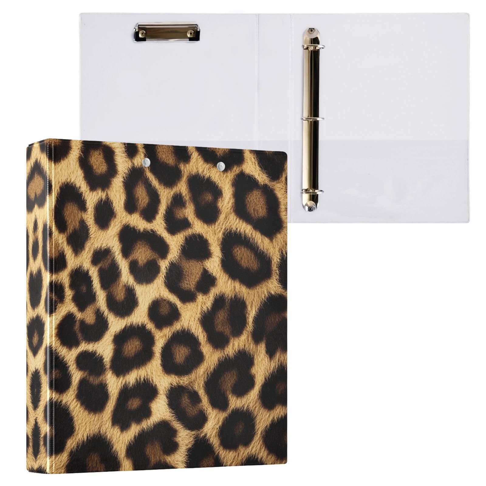 Confezione da 2 raccoglitori a 3 anelli, con stampa leopardata e pelle di animale, 3,8 cm, con 3 tasche trasparenti, portablocco e contiene 200 fogli, per ufficio, scuola, organizzazione