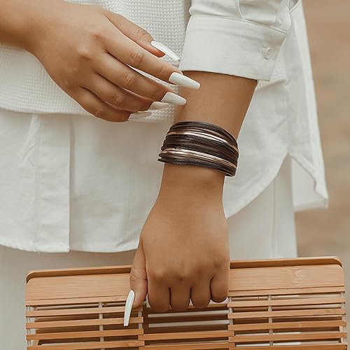 Miniatura 7 de FANCY SHINY Pulseras de cuero estilo bohemio, apilables, con cierre magnético, joyería bohemia de moda para mujer