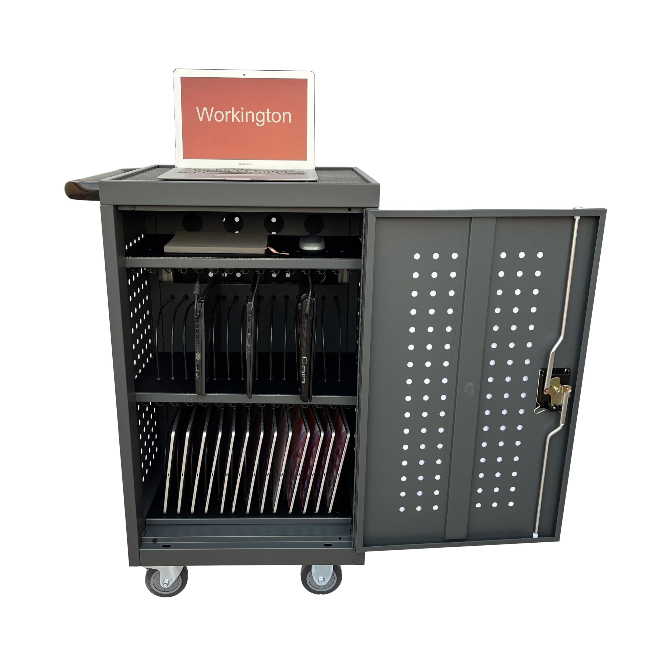 Workington 30-Bay Mobile School Charging Cart Station for Chromebook, Tablet and Laptop Computer with Power Strip Included, Assembly Required, 1001 Dark Gray