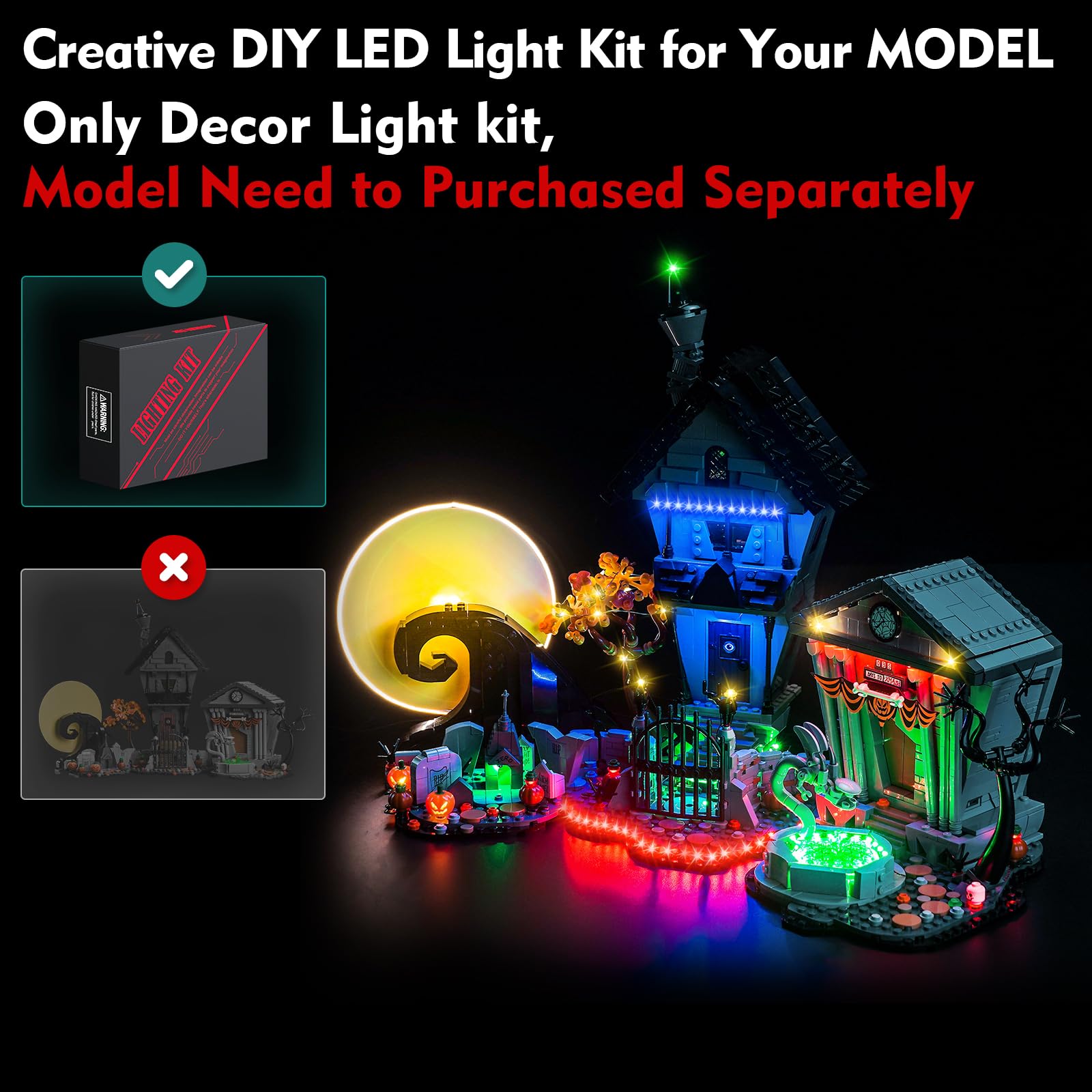 LocoLee Light Compatible with Lego Tim Burton's The Nightmare Before Christmas 21351, Lighting Set Accessories Compatible with Lego Nightmare 21351, No Models Only Light (Upgraded Version)