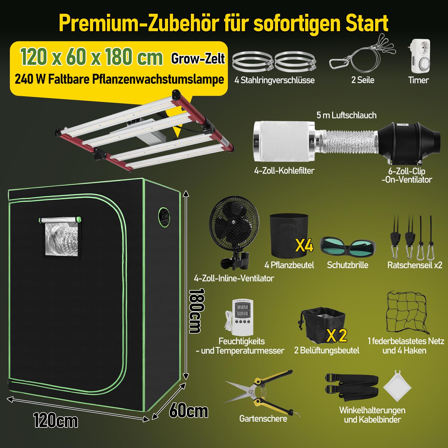 Growzelt Komplettset 120x60x180cm 240W LED Grow Lampe Belüftungssystem Aktivkohlefilter