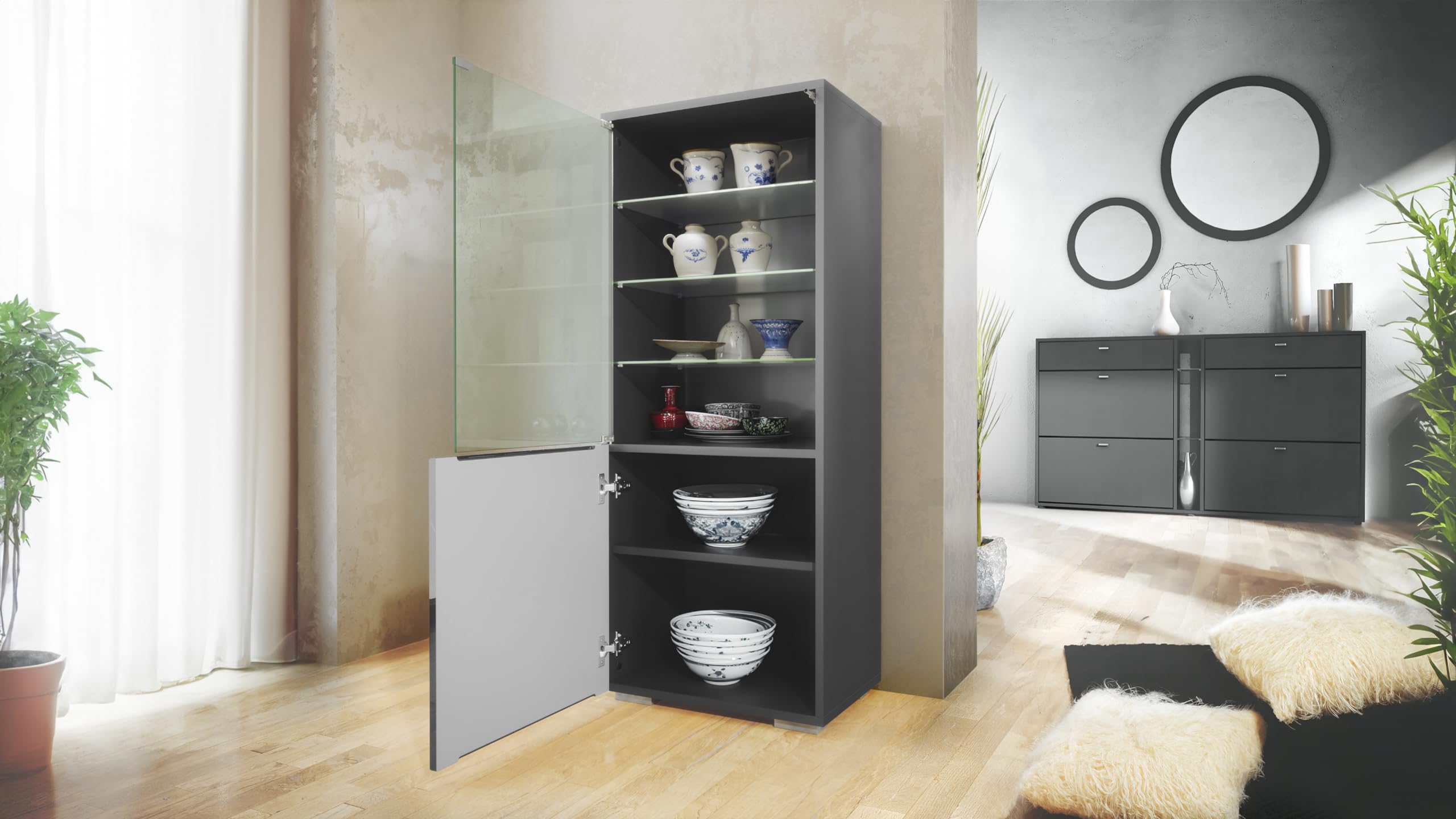Vitrine Granada, Made in Germany, Vitrinenschrank mit Glastür und Glaseinsatz inkl. LED, Anthrazit matt/Beton Dunkel Optik (50 x 122,5 x 34,5 cm)