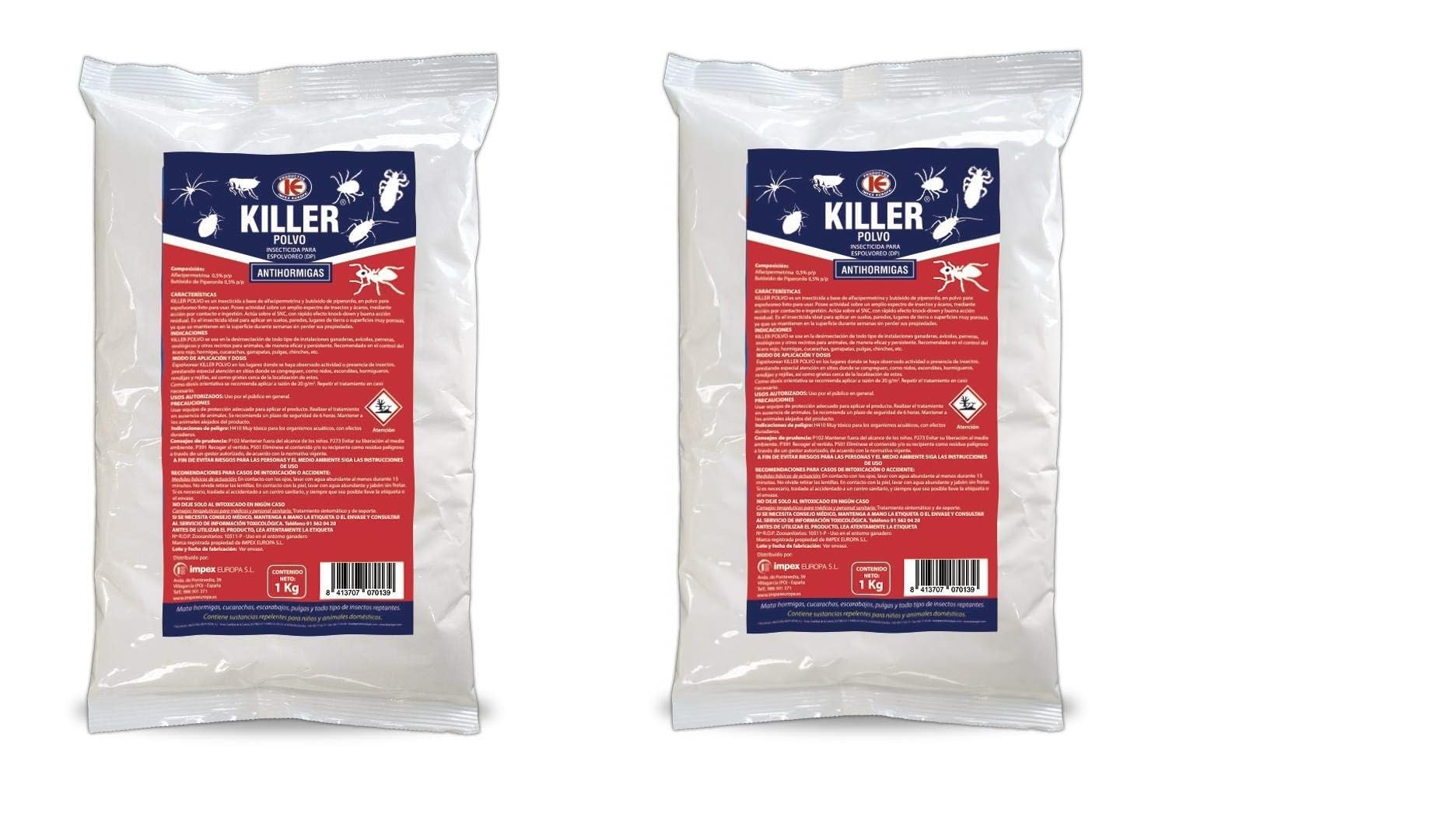 Killer Polvo insecticida 1kg, Pack 2 Unidades, para Todo Tipo de Rastreros - Impex Europa