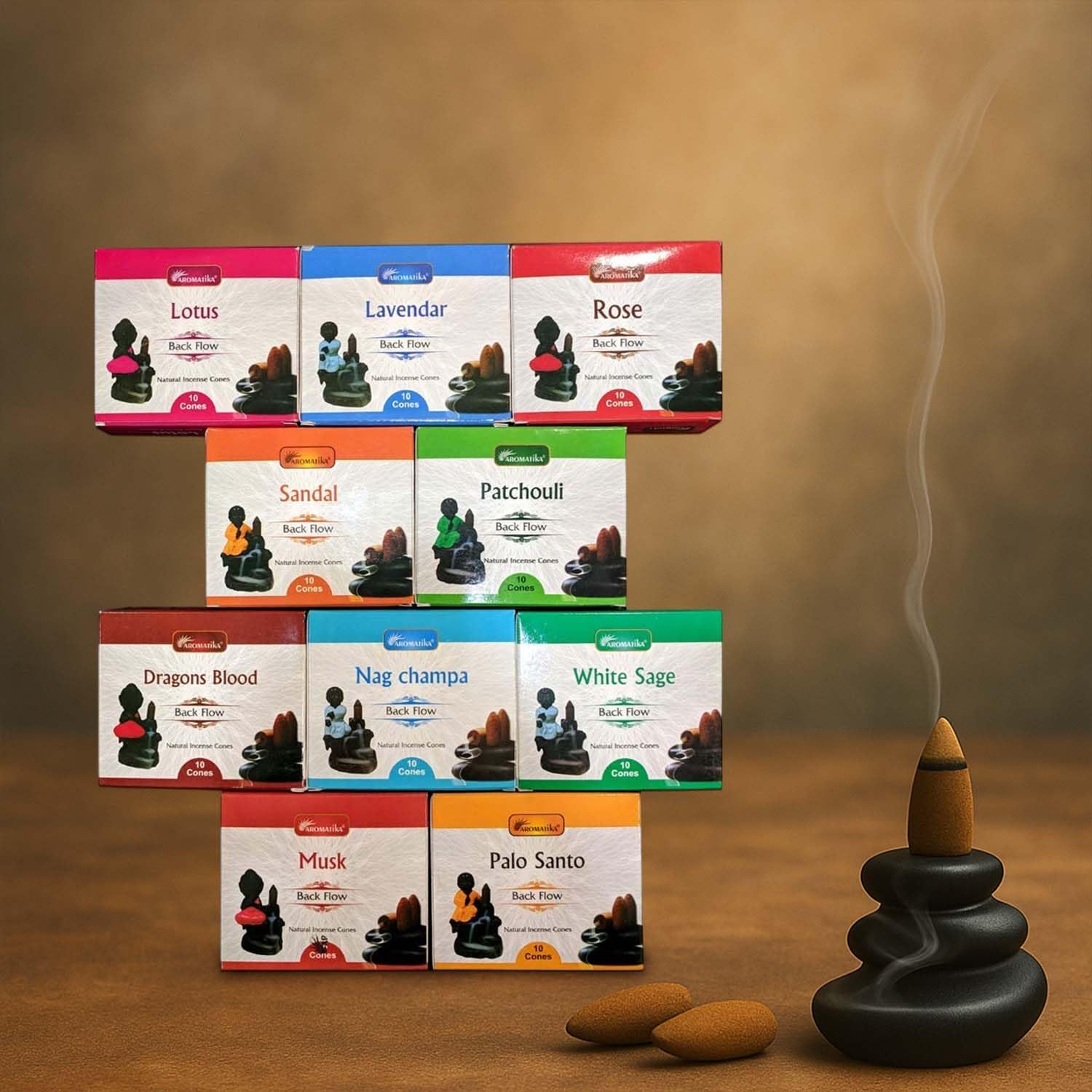 Aromatika Natural Backflow Incense Cones, 12 Packs 10 Fragrances 120 Pcs, (Dragons Blood, Lavender, Musk, Nag Champa, Palo Santo, Rose, Patchouli, Sandal, White Sage, Lotus) 4