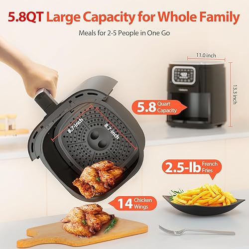 Miniatura 2 de Beelicious Freidora de aire grande de 5.8 cuartos de galón, freidora digital 8 en 1 con recordatorio de agitación, tecnología de bloqueo de sabor,