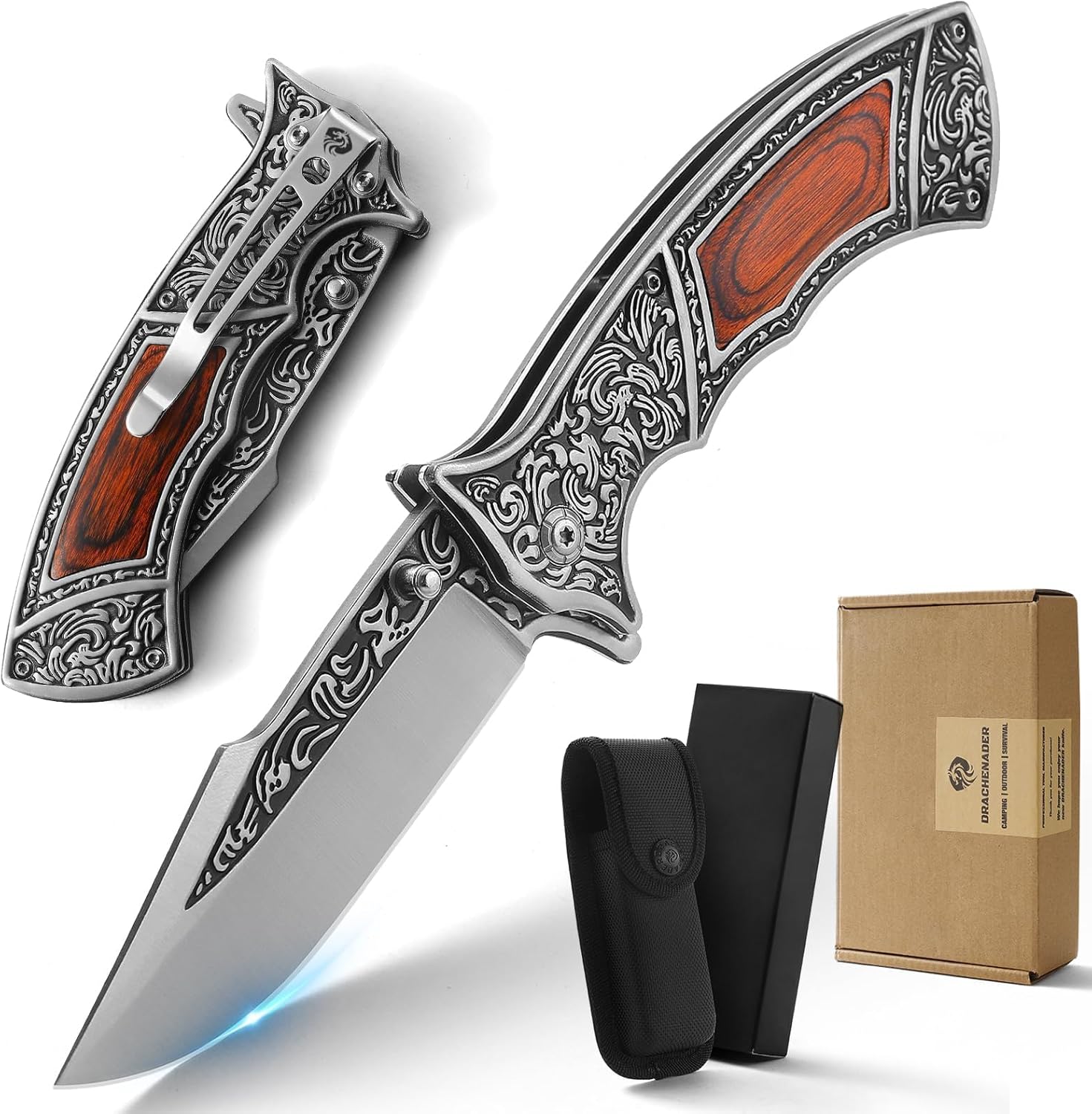 DRACHENADER Pocket Knife with Sheath and Clip, 440C Stainless Steel Folding Knife 3D Retro Embossed Pattern, Gifts Christmas, Birthday, Father's Day (D-J37)