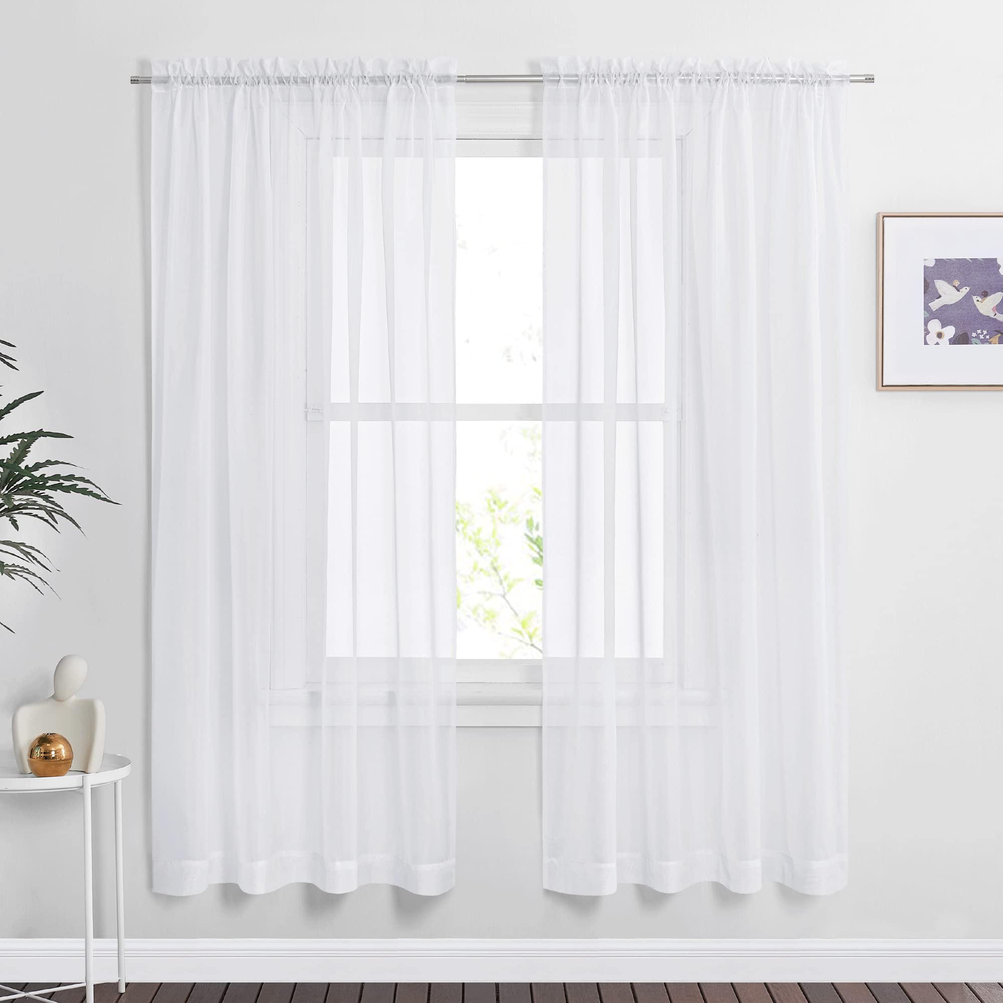 NICETOWN Sheer Curtains 72 inches Length for Living Room, Dual Rod Pockets Airy Window Treatments Voile Sheer Panels Lightweight for Wedding, White, 2 PCs, 60" Width