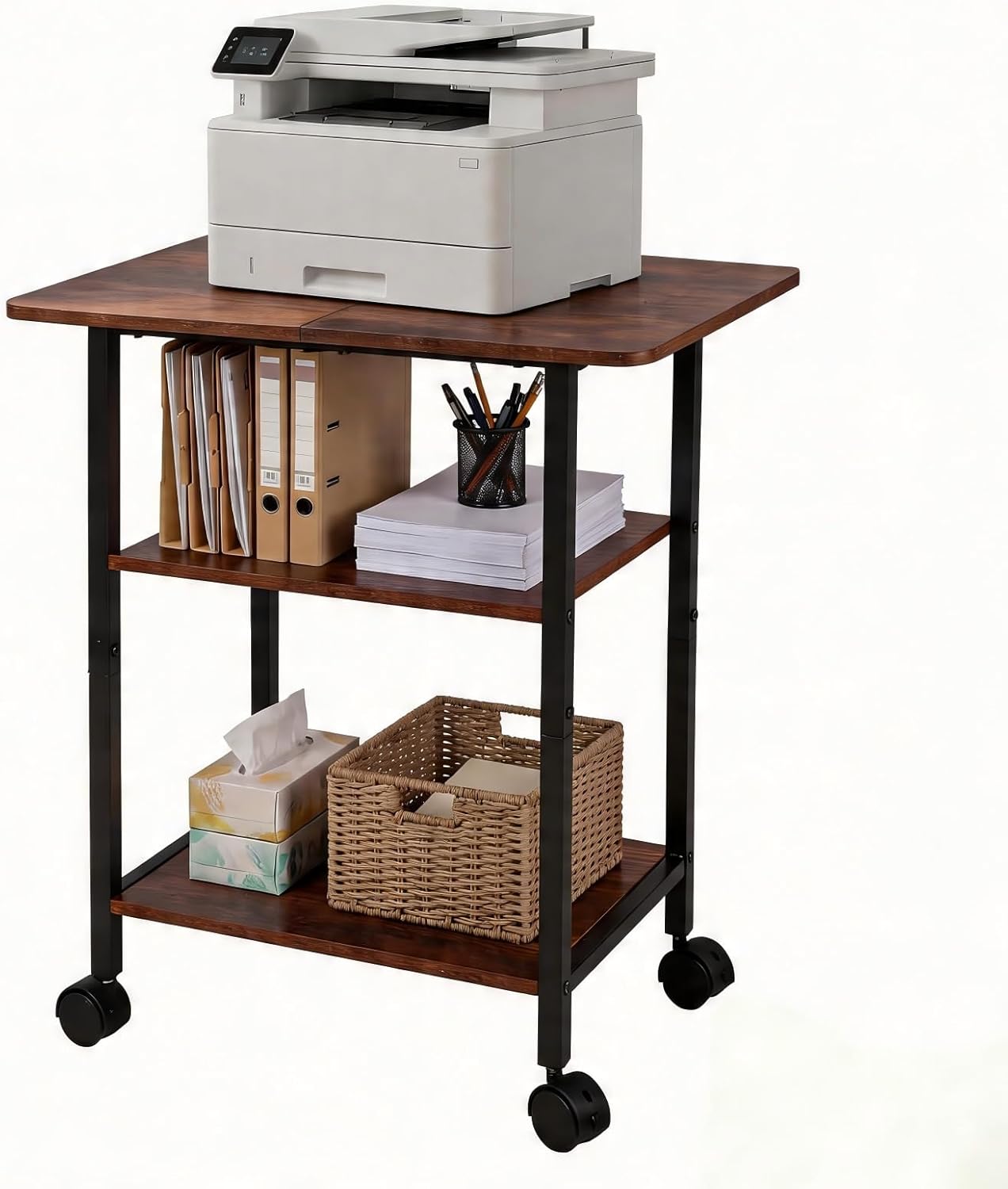 King Oasis 3-Tier Printer Stand with Wheels, Industrial Mobile Printer Cart with Storage Shelf for Home Office Organization, 3D Printer, Side Table for Living Room, Bedroom, Rustic Brown
