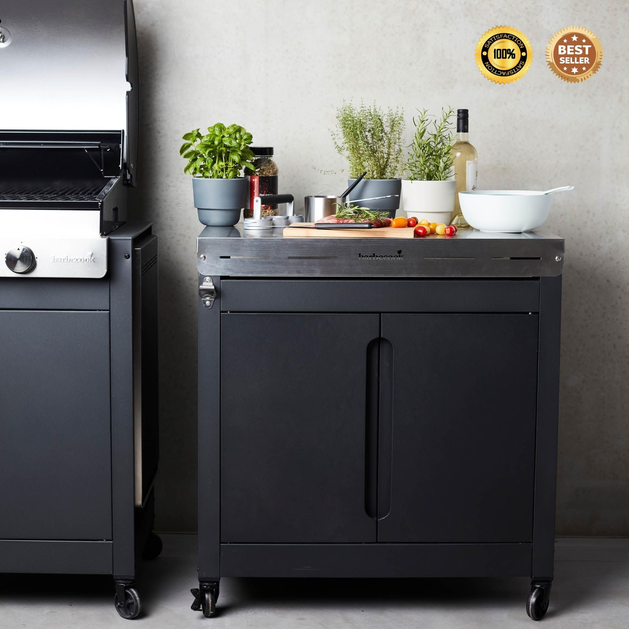 barbecook Premium Buddy Outdoor Grilltisch mit Stauraum und integrierter Flaschenöffner für Gasgrill, 84 x 46 x 90 cm