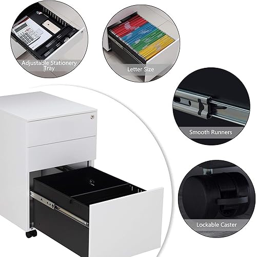 Miniatura 5 de Archivador móvil de 3 cajones con cerradura, archivador de almacenamiento de oficina para tamaño legalcarta, archivador de metal premontado debajo