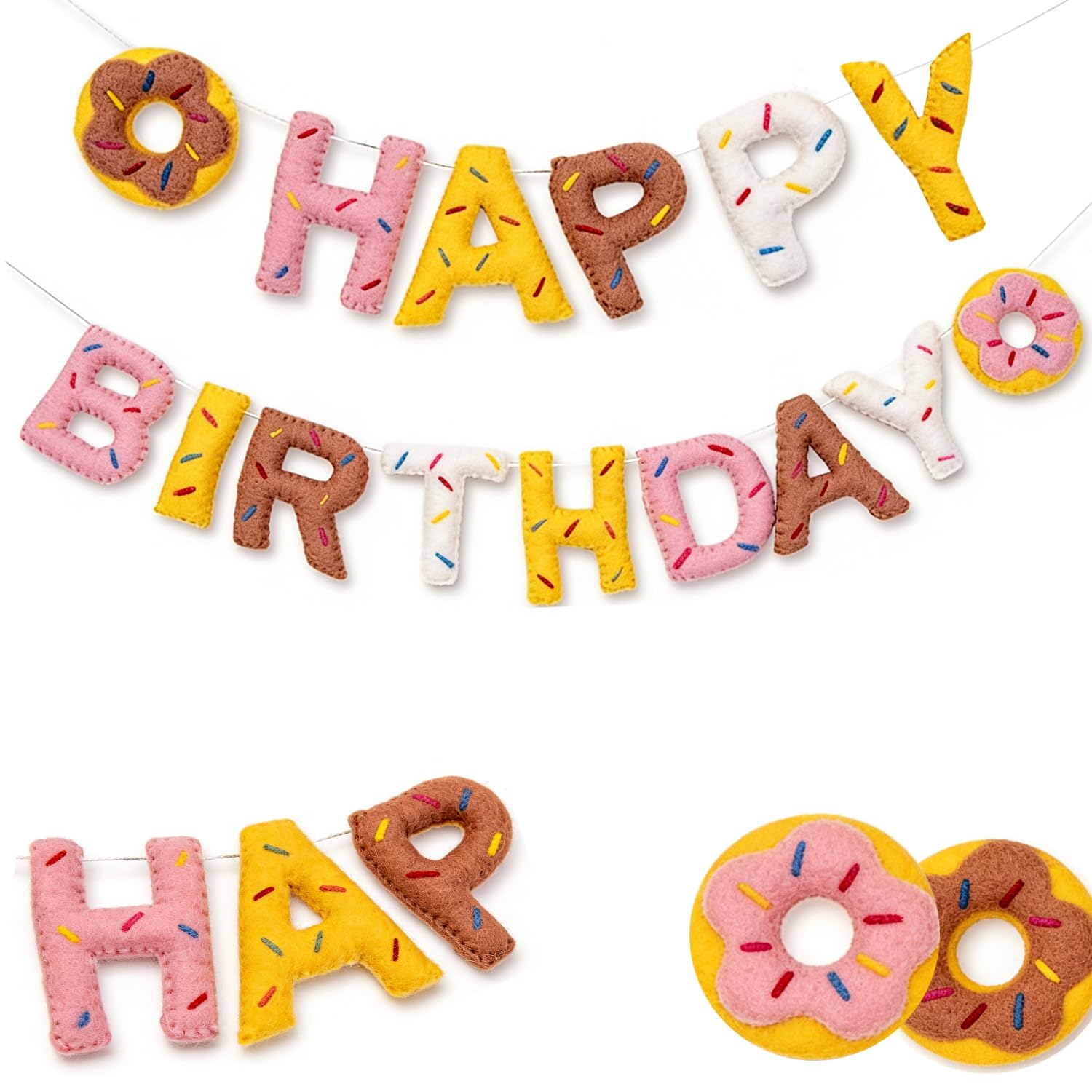 Reusable Felt Happy Birthday Banner - Felts Fabric Banner Felt Ball Garland - Happy Birthday Garland, Handmade Letters & Balls Personalized Party Sign for Birthdays Party Decorations (Donut) — image 1