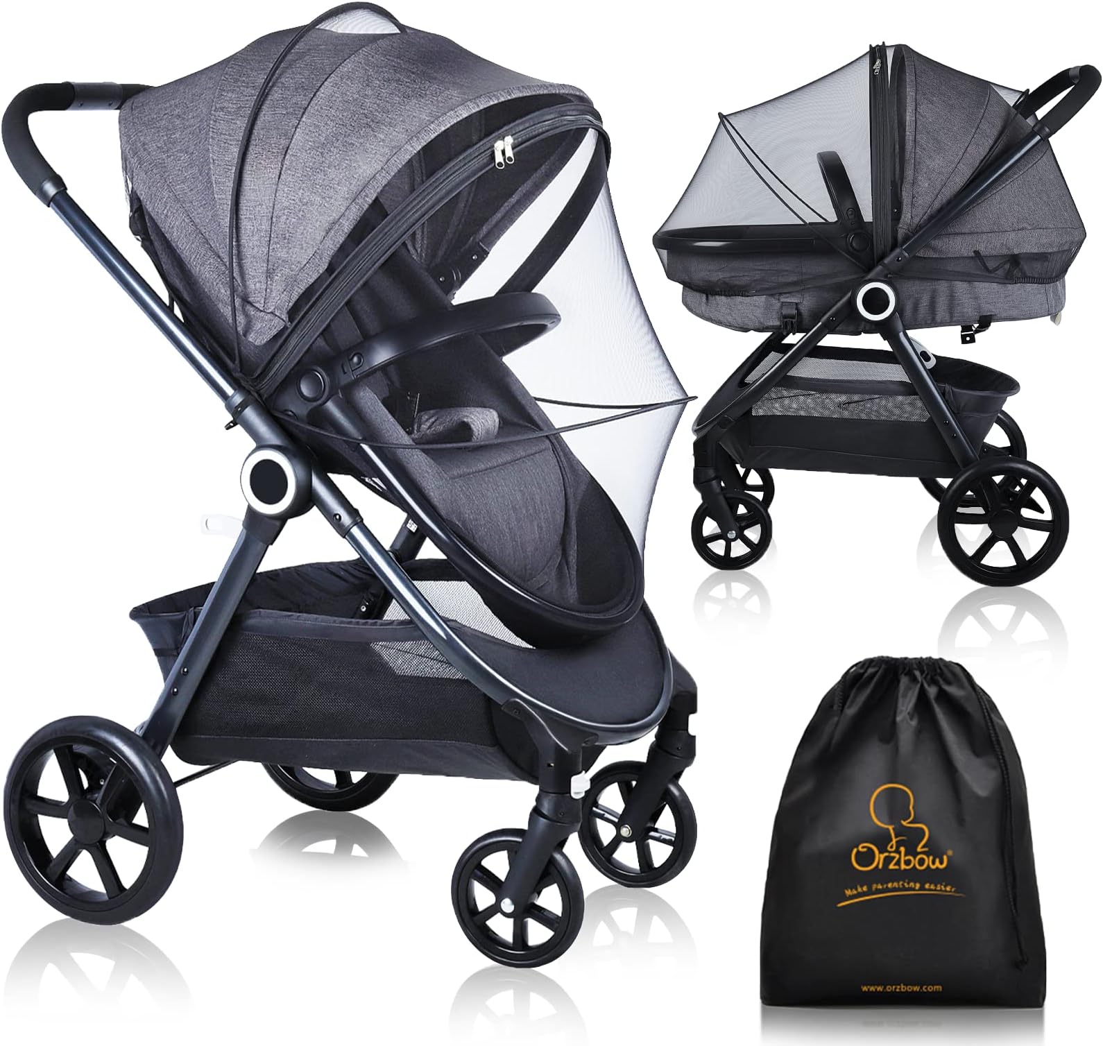 Orzbow Universal Baby Mosquito Net for Pushchair,Breathable Pram Fly Insect Bug Net with Two-way Zippers & Storage Bag,Foldable & Stable Protection Cover for Car Seat,Buggy,Carrycot & Crib (Black)
