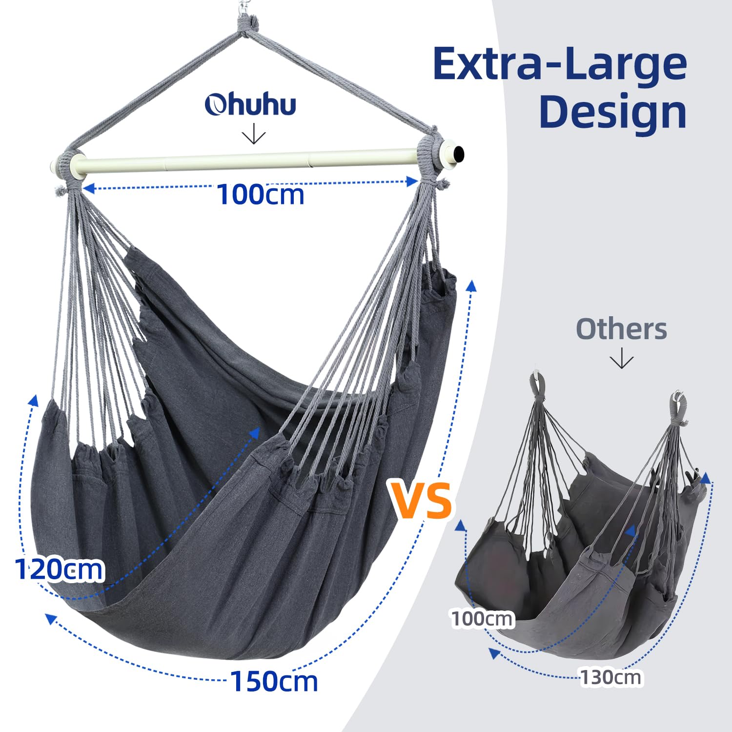 Ohuhu poltrona sospesa XL, Sedia sospesa fino a 150 kg - poltrona sospesa da giardino per adulti e ragazze, Indoor & Outdoor per giardino, balcone, camera da letto - Grigio scuro
