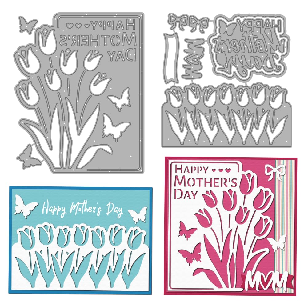 MAYJOYDIY Mother's Day Tulips Metal Cutting Dies Greeting Card Border Stencils Butterfly Flower Stems & Leaves Embossing Template Dies for DIY Paper Craft Card Making Scrapbooking Album Decor