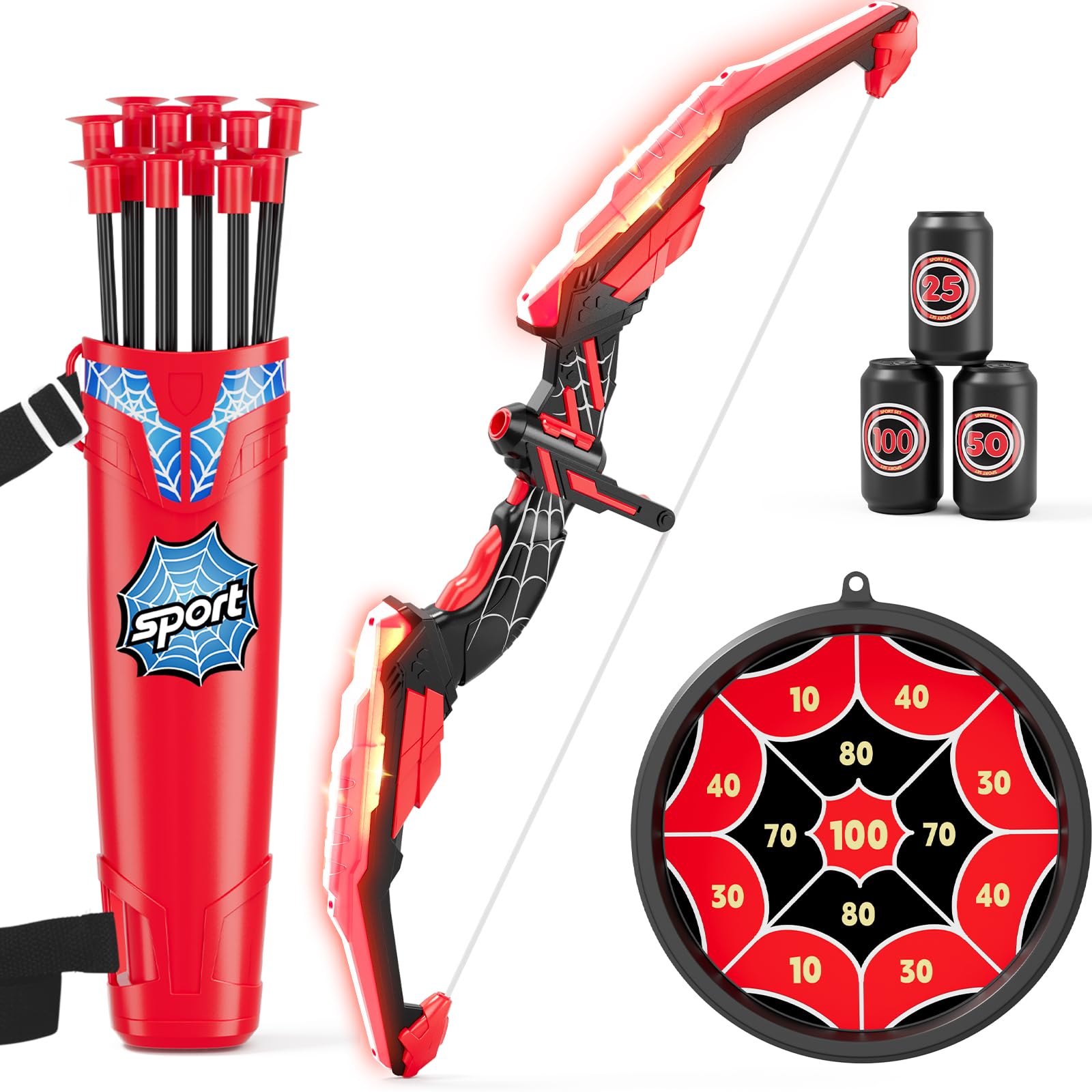 HYES Kids Bow and Arrow Set, Toy Archery Set, LED Light Up Bow with 12 Suction Cup Arrows, 3 Score Targets, Indoor Outdoor Games for Boys Girls Children 4-8