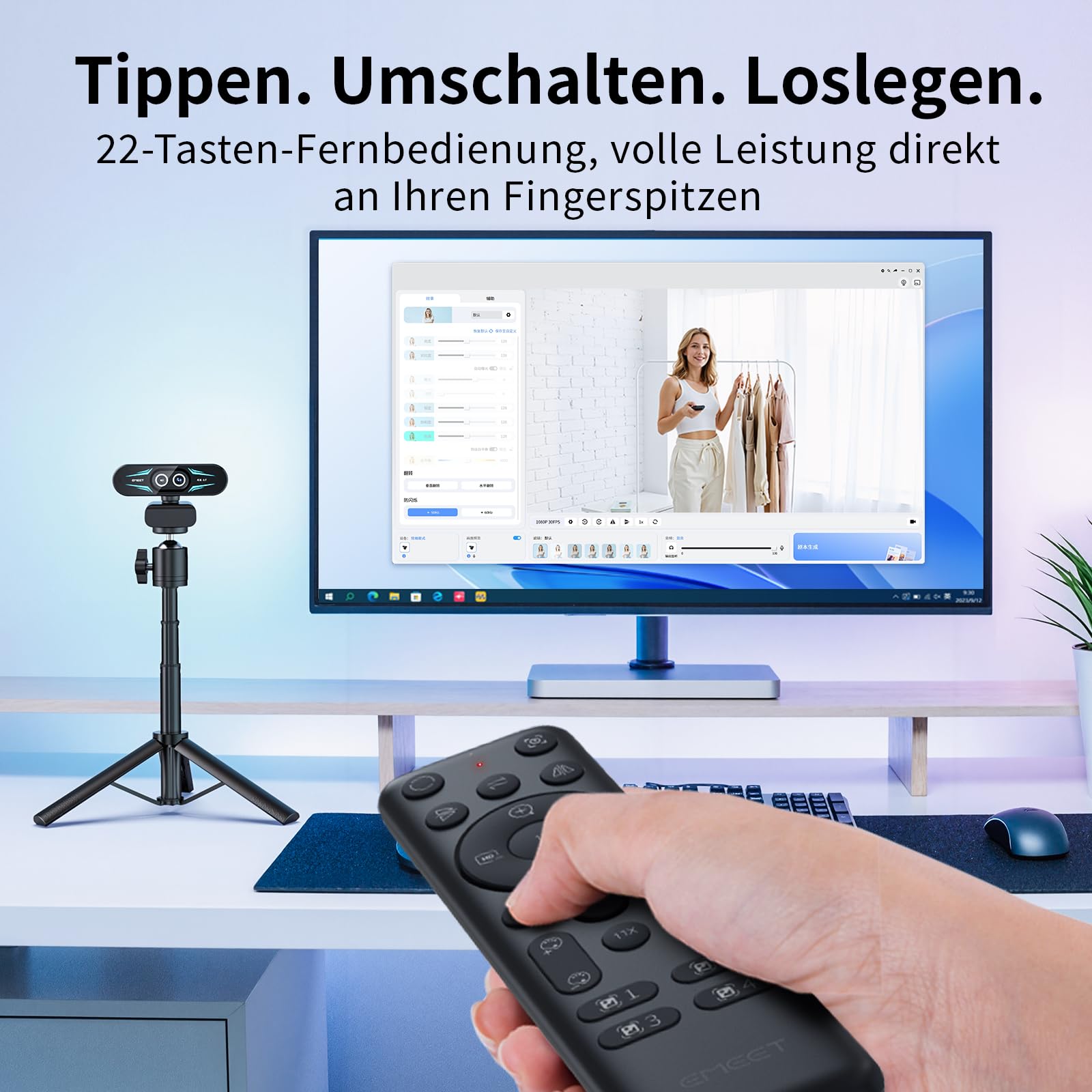 EMEET C60E Dual-Kamera-4K-Webcam für Streaming, Weitwinkel- und Teleobjektiv, bis zu 11-facher Hybrid-Zoom & PDAF-Autofokus, Fernbedienung, RGB-Beleuchtung, 2 Mikrofone, ideal für Livestreaming