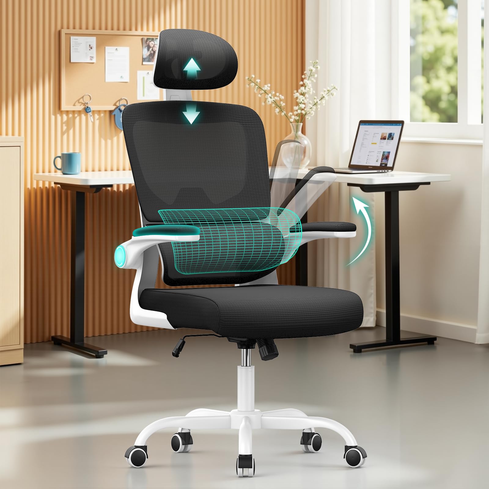 naspaluro Ergonomic Office Chairs, High Big Study Desk Computer Chair with Flip-up Armrests/Back Support/Adjustable Headrest, Comfy Swivel PC Work Chair, Mesh Black Office Chairs for Home Office