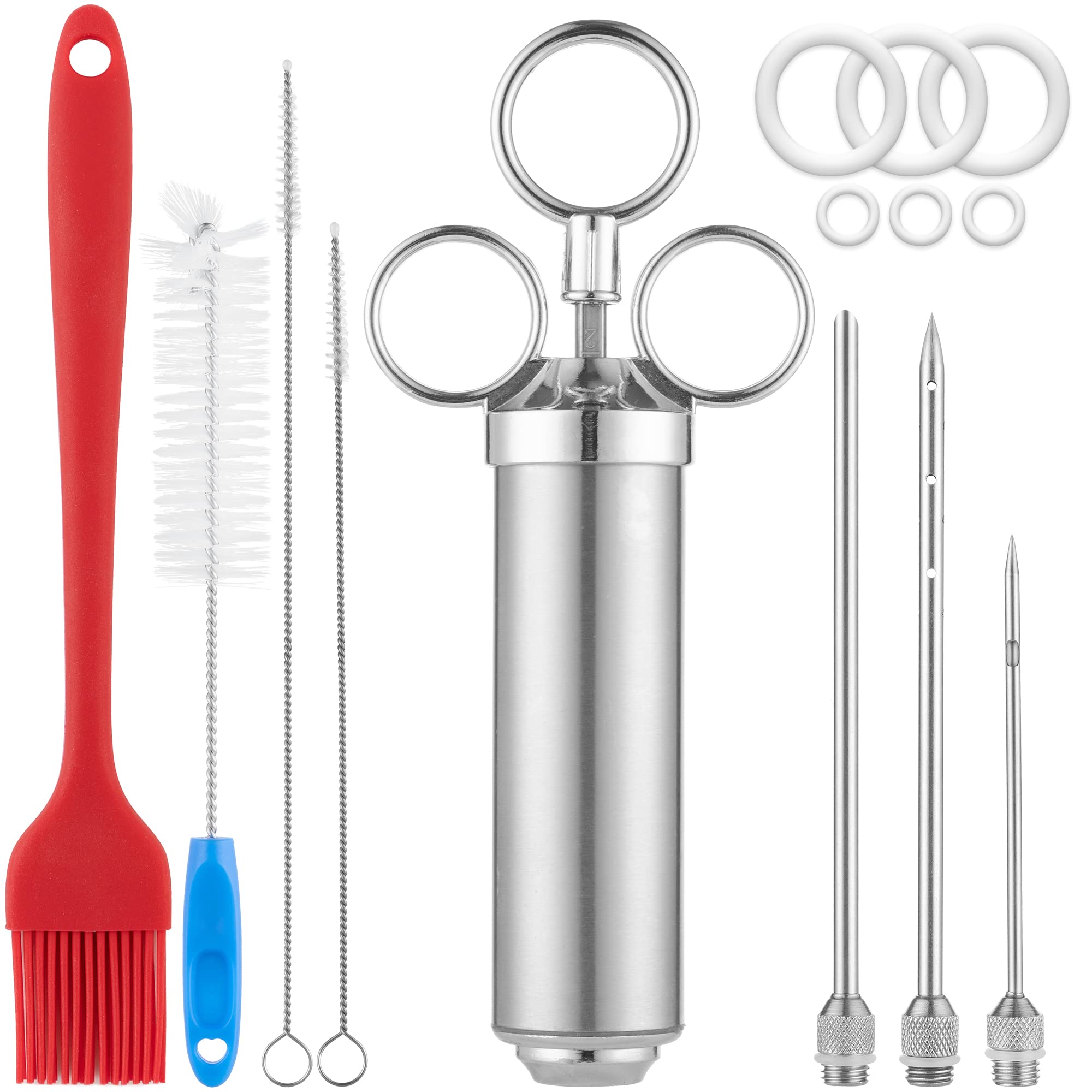 Meat Injector Syringe Kit w/ 3 Marinade Needles, Stainless Steel 2 oz Capacity BBQ Tool w/ Food-Safe Basting & Cleaning Brushes.