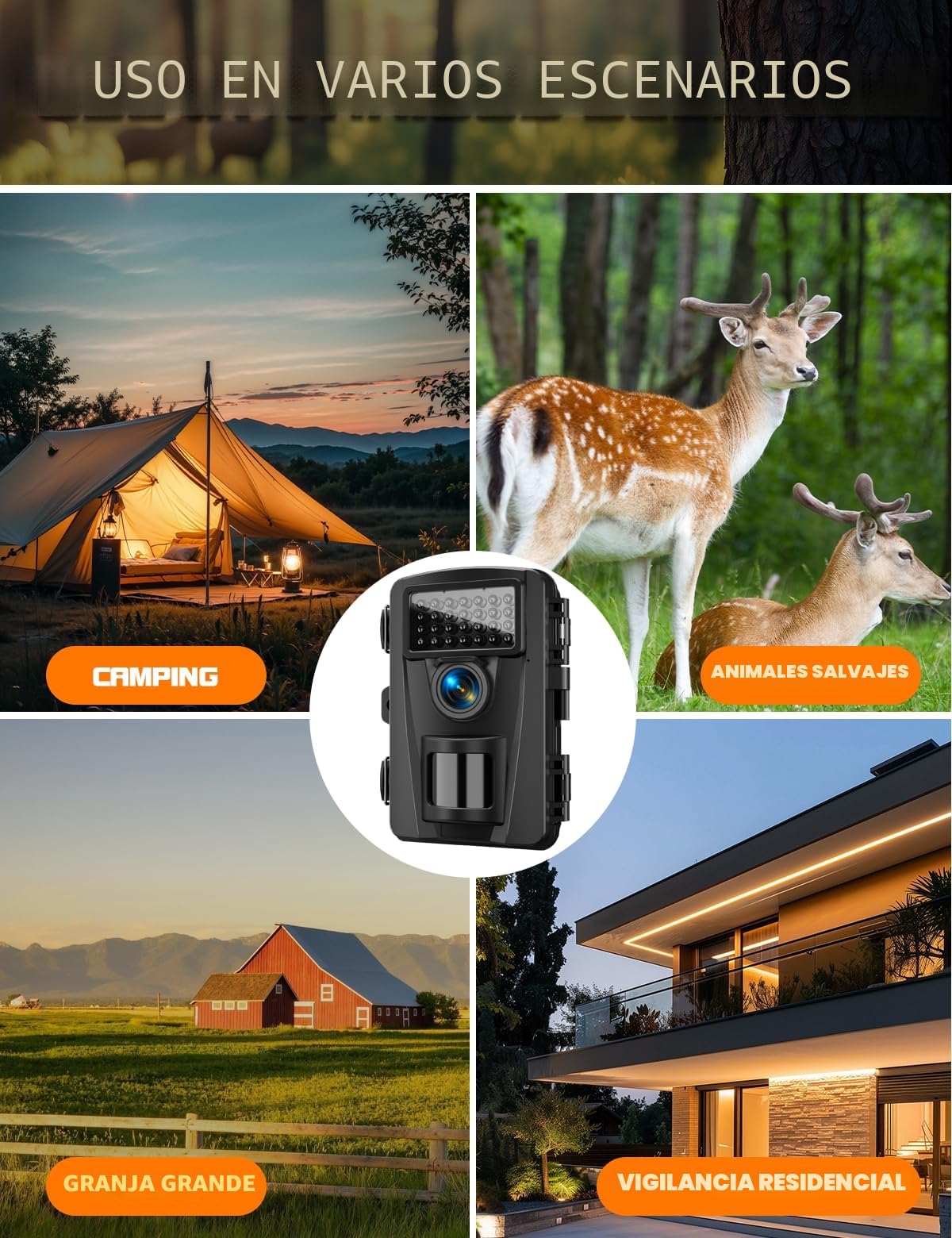 Cámara de Caza 4K 30fps, 60MP Camara Fototrampeo Nocturna 940nm Invisibles IR Leds, Diseño de Temporizadorn, IP66 Impermeable para Monitoreo de Vida Silvestre y Vigilancia del Hogar