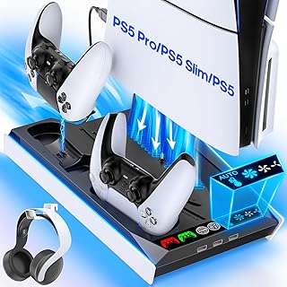 Soporte PS5 con Ventilador Refrigerador Automático, Soporte Vertical PS5 Slim con Cargador Mando PS5, Base de Carga PS5 para Mando PS5 & Edge & PS5 Pro, Accesorios PS5/ PS5 Slim