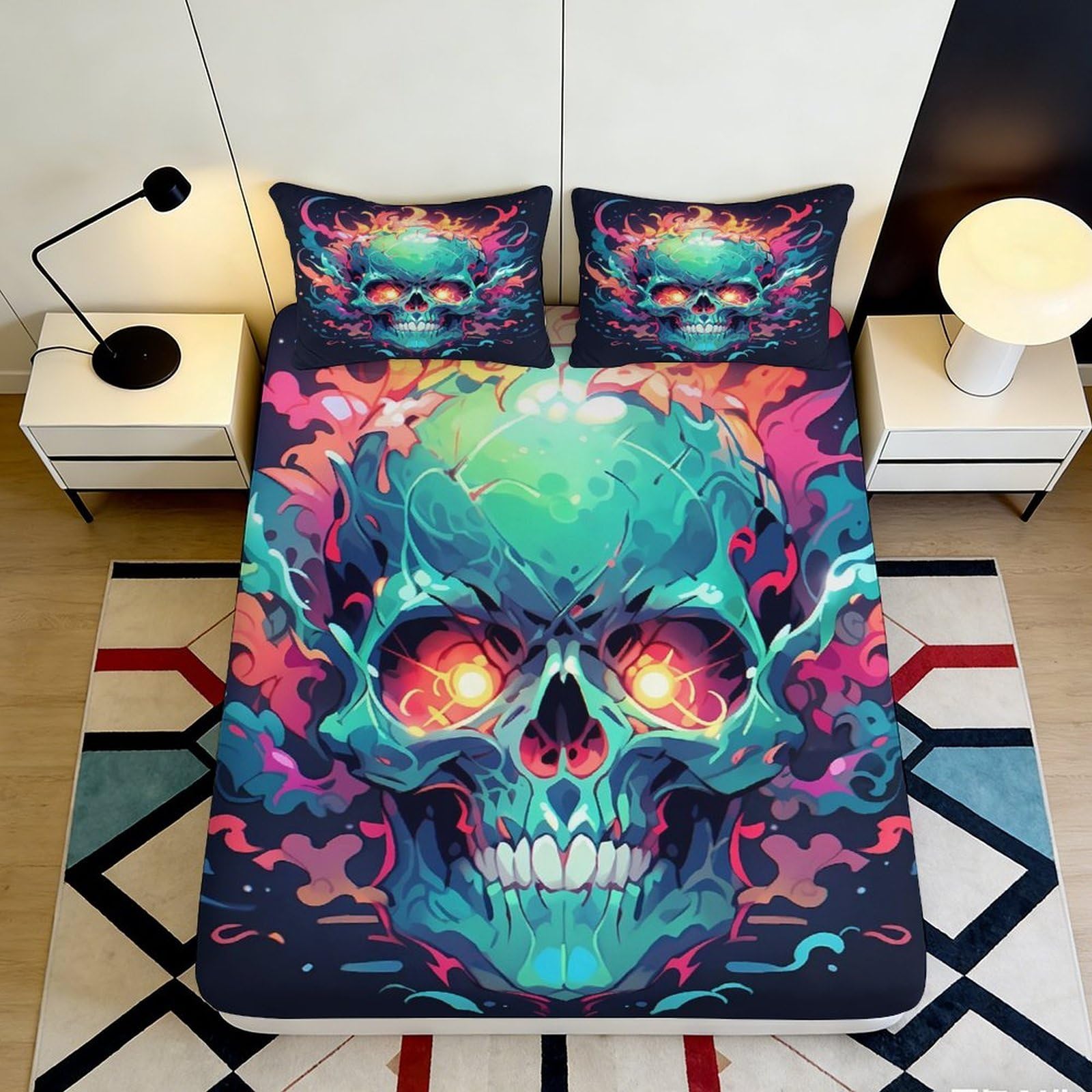 3D Printed Colorful Skull Fitted Sheet Microfiber Soft Breathable Flaming Skull Bed Sheet for Bedroom Dormitory Guest Room Mattress Cover Decor 120x200x25cm