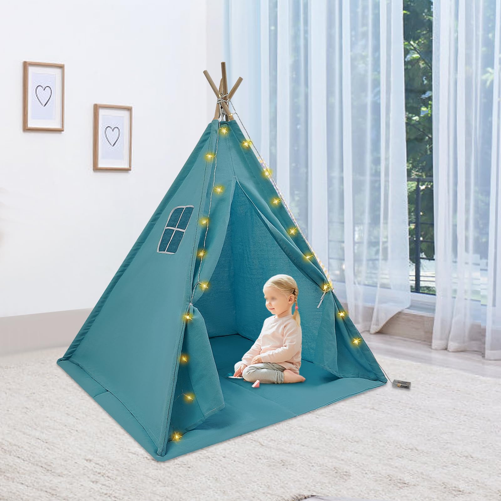 Tipi Tenda per Bambini con Tappetino e Catena Luminosa, Pieghevole in Cotone, Casetta Giocattolo 120 x 120 x 140 cm Blu