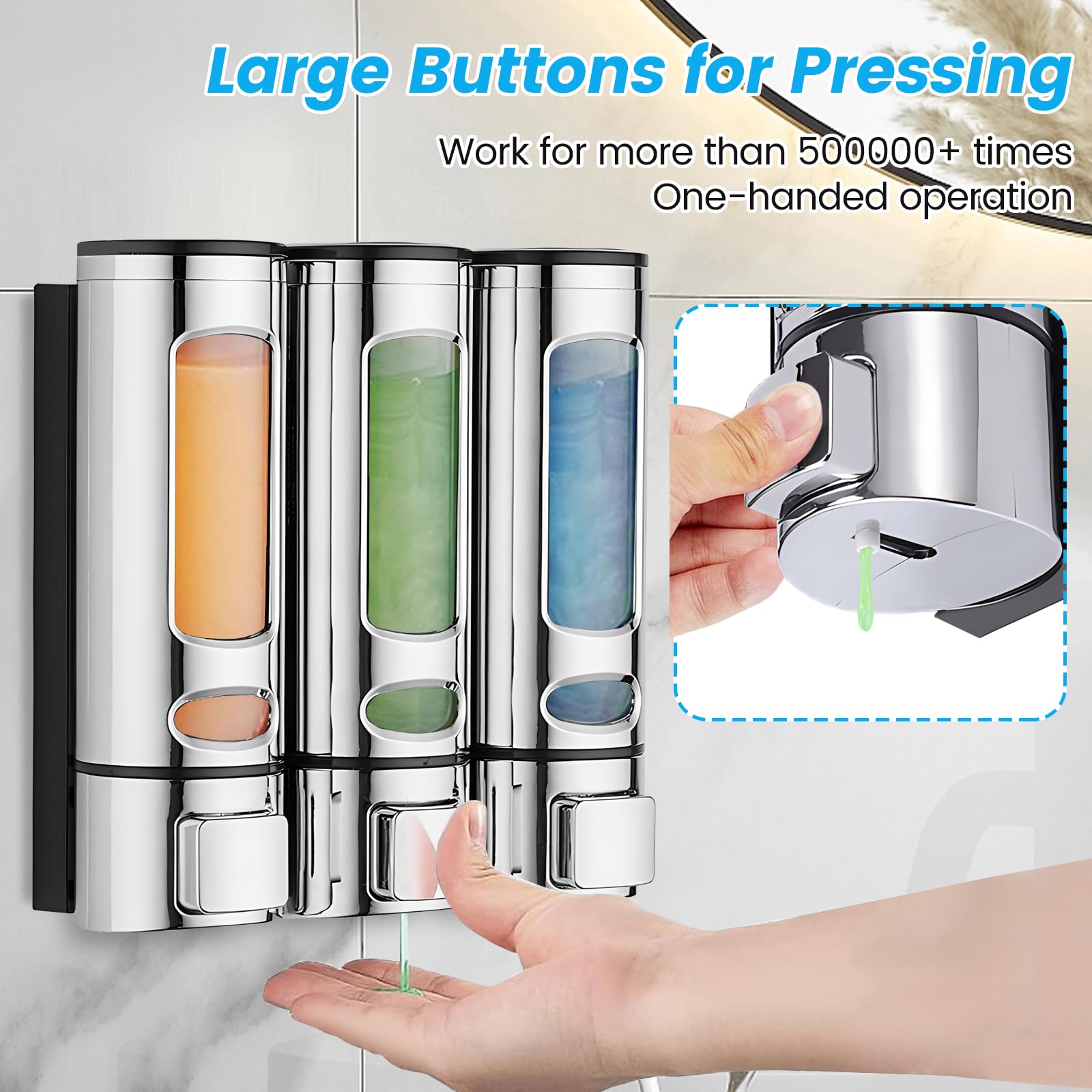 Dispenser di sapone da parete senza foratura, dispenser per shampoo e balsamo, 400 ml x 3 dispenser per shampoo, bottiglie trasparenti ricaricabili, per doccia da bagno, argento