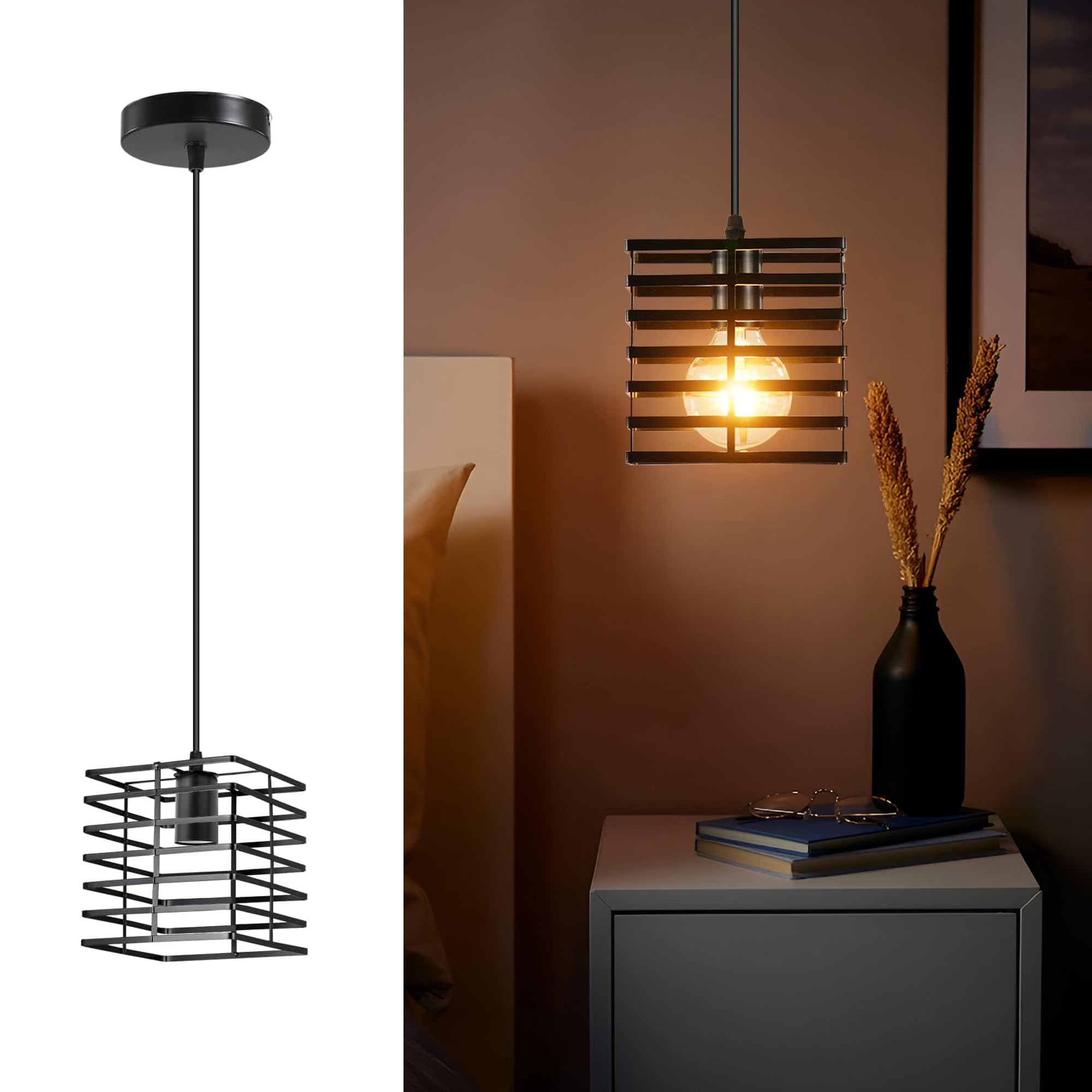 LEDSone Modern Ceiling Pendant Light Fitting 18x15cm Black Square Cage Art Deco Lampshade with 1m Adjustable Wire E27 Lamp Holder Hanging Fixture for Stylish Spaces (Black Square Cage) — image 1