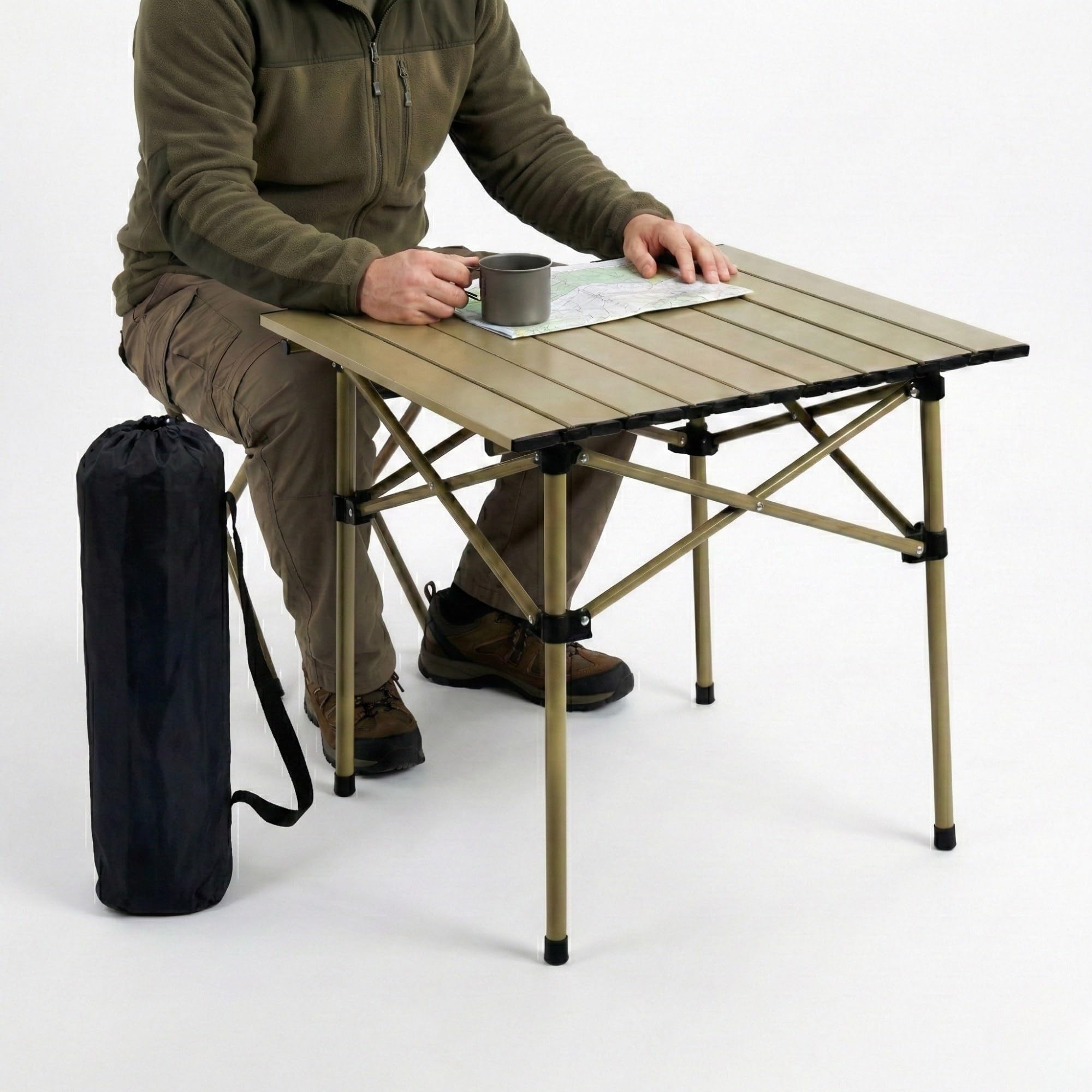 Kraptick Portable Metal Folding Camping Table with Roll-Up Tabletop Lightweight Outdoor Table with Carry Bag Compact & Durable Folding Table for Camping, Picnic, Garden, Beach & Travel Use (Beige)-image-41