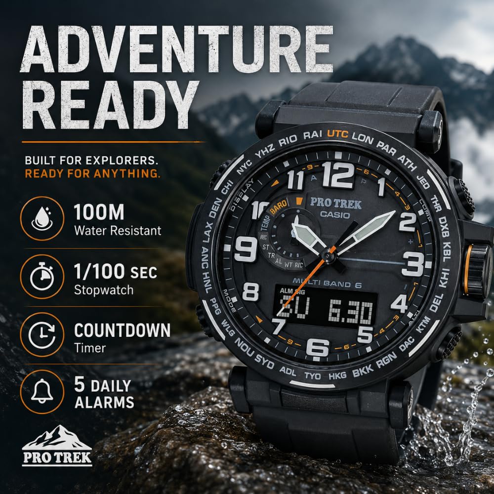 Casio Pro Trek Tough Solar - Orologio da uomo Ana-Digital Triple Sensor Multi-Band 6 Atomic World Time Keeping