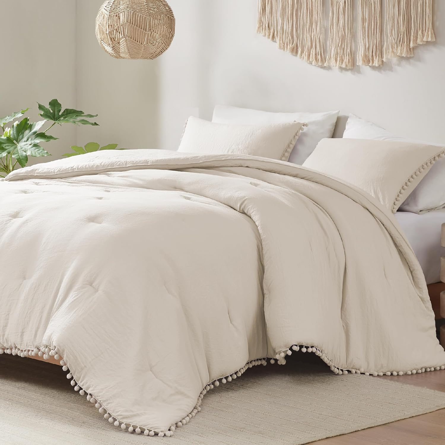 Codi Beige King Comforter Set - Boho Chic Bedding with Elegant Pom Fringe, Soft Washed Microfiber 3pc Luxury Set, Lightweight & Breathable for Master Bedroom, 1 Comforter & 2 Pillow Shams
