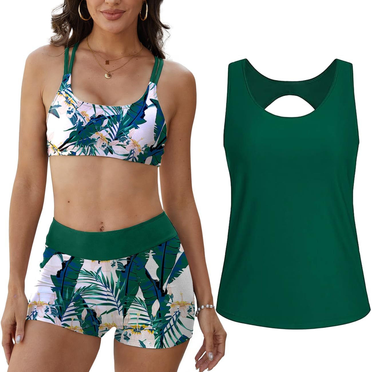 Yutdeng Traje de Baño Mujer 3 Piezas Tankini Push Up Cruzado Shorts Cintura Alta Camiseta sin Mangas Bañador Vientre Plano Swimwear Estampado