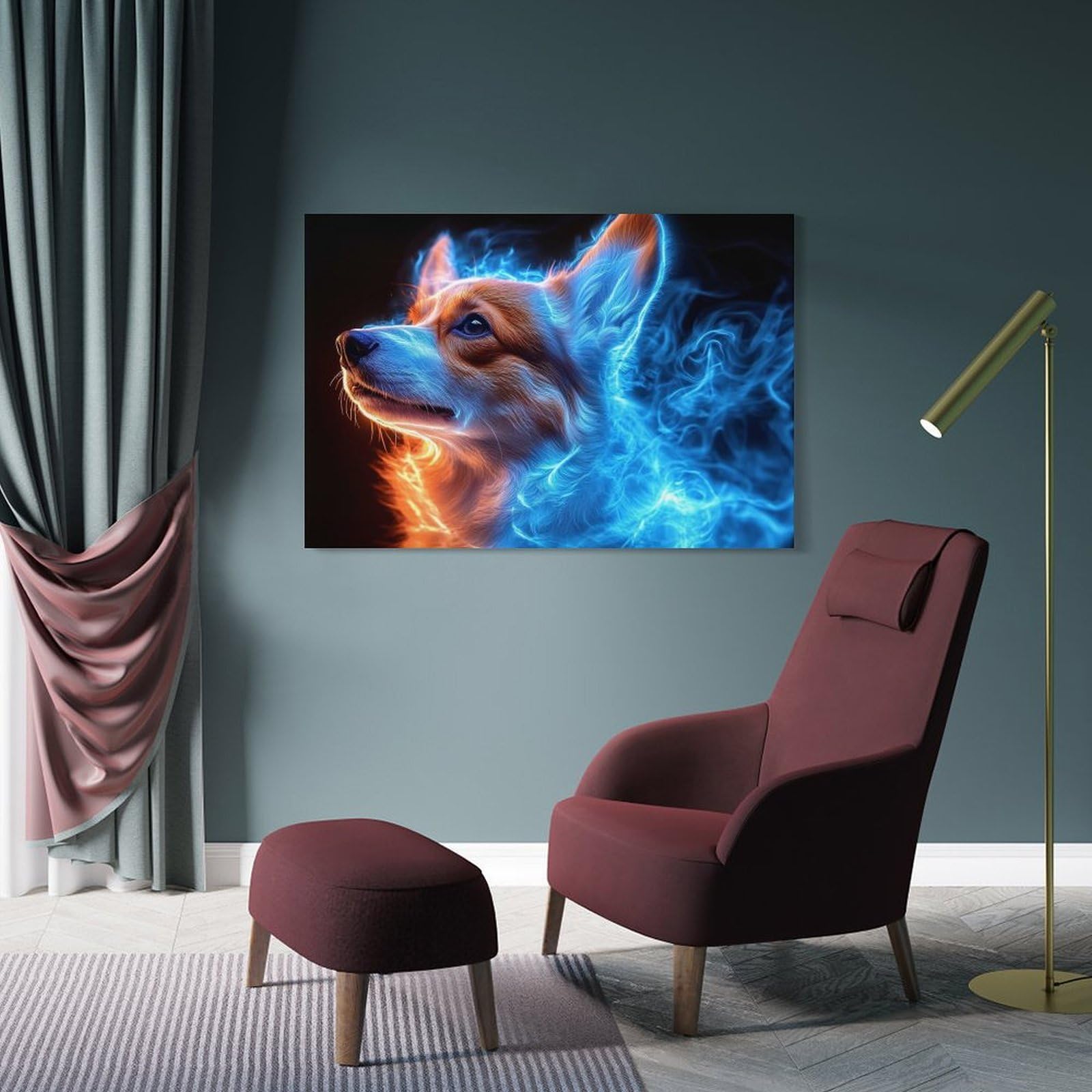 Junmoney Corgi Dog with Blue Energy Aura Canvas Art Print 08x12inch(20x30cm), for Calm Bedrooms, Home Corners Or Flats, An Easy Wall Refresh for Bedrooms