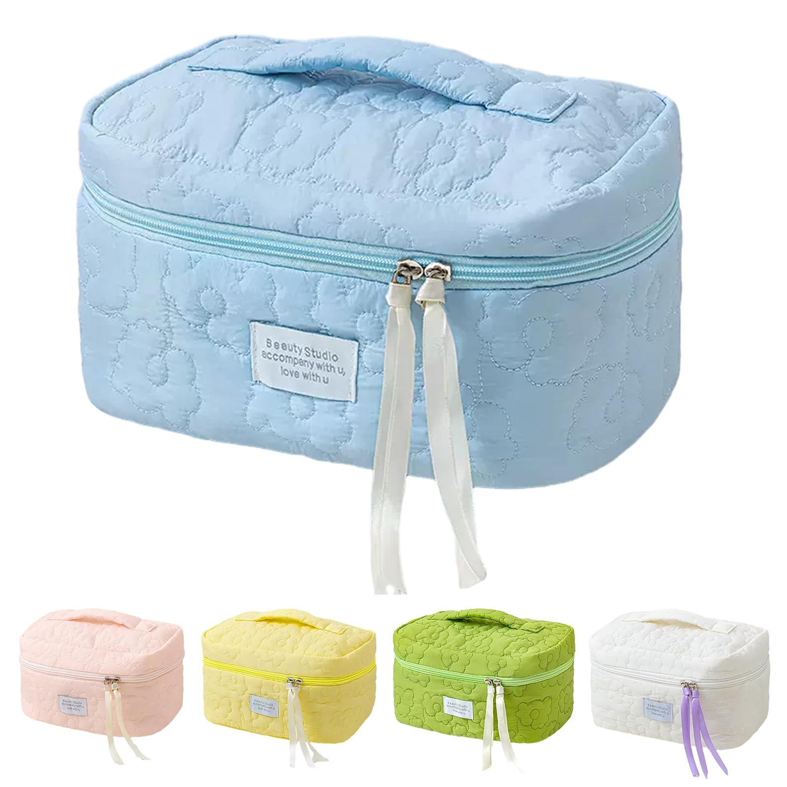 TJJII Floral Makeup Case, Cotton Inserts Puffy Quilted Makeup Toiletry Bag, Large Capacity Cosmetic Pouch, Daily Travel Use Skincare Bag with Handles,