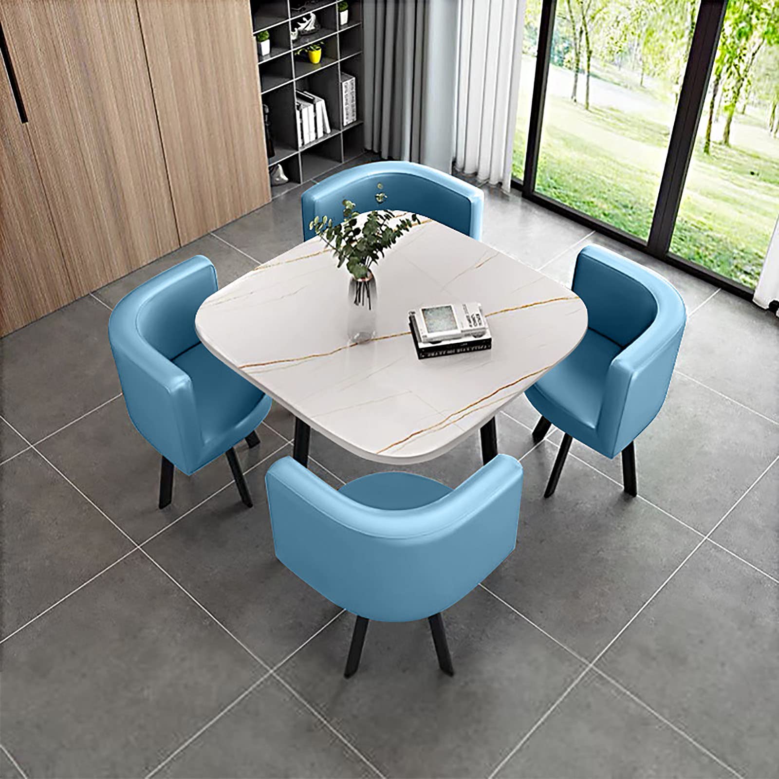 OLSKFUH Modern Round Dining Table Set With 4 Chairs For Business Meetings And Office Conference Small Round Coffee Table And Chair Combination Pu 6,Pu-26-80 * 80 * 73cm