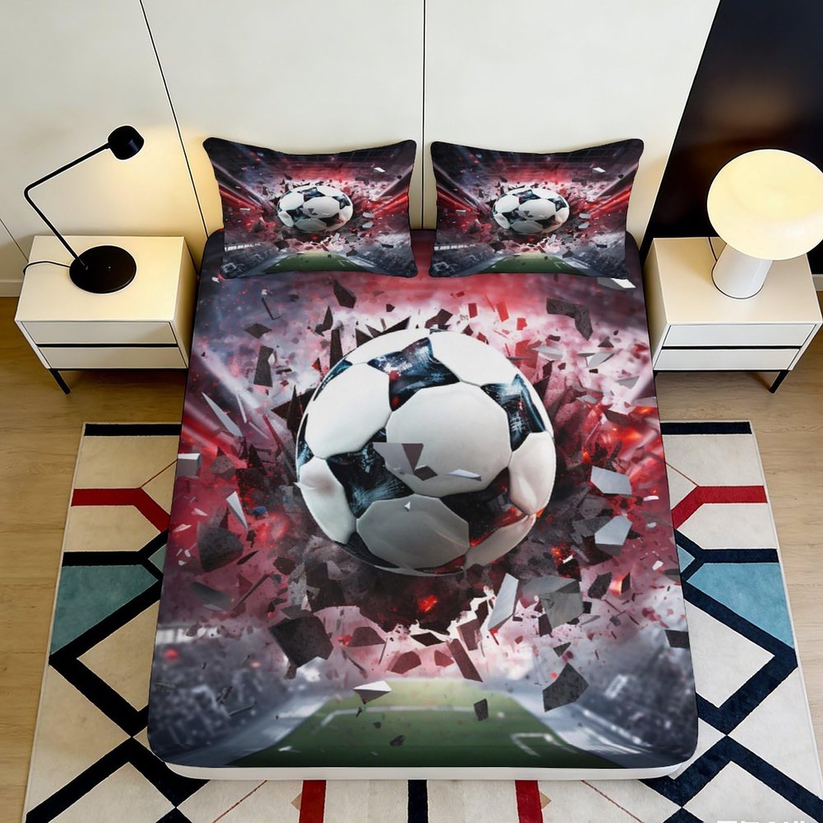 3D Printed Soccer Explosion Fitted Sheet Microfiber Anti-Slip Bed Cover for Bedroom Dorm Mattress Protection Decor 160x200x25cm