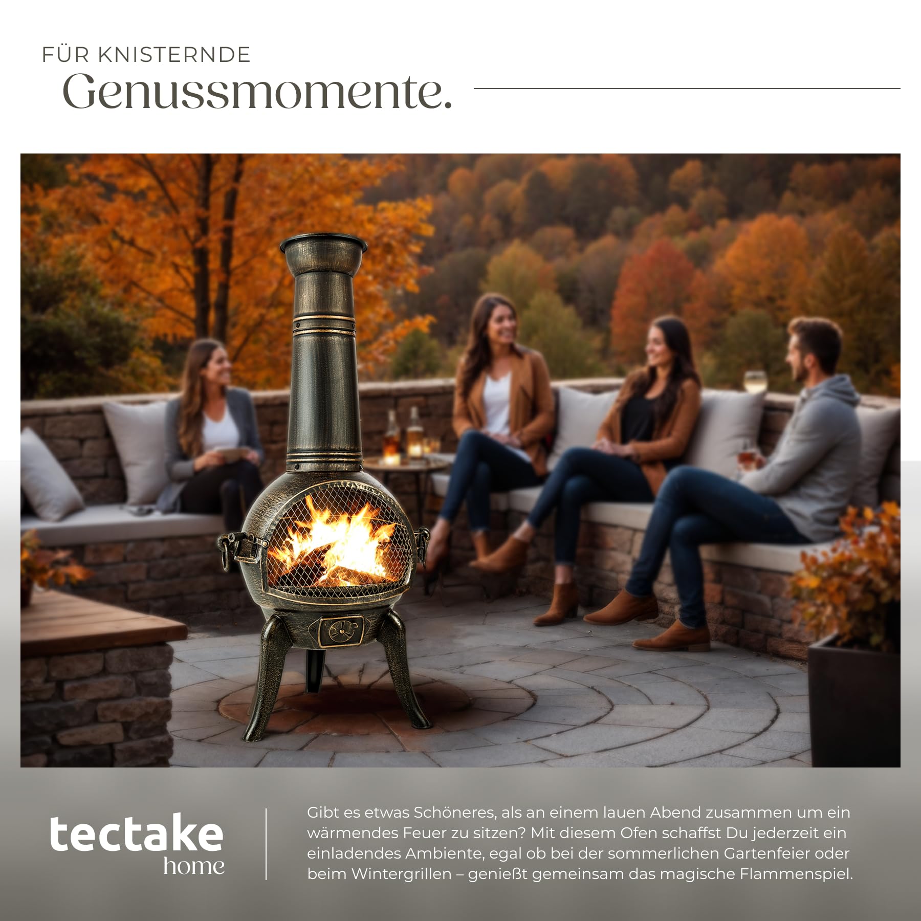 tectake® Vintage Outdoor Terrassenofen, Gartenofen aus Gusseisen, Raketenofen, Aztekenofen mit Funkenschutz, Grill Rost und Schürhaken, Gartendeko Kamin, Deko für Terrassen oder Balkon, Kaminofen