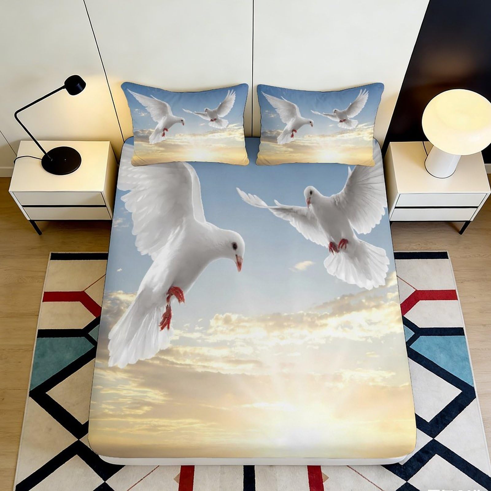 Jqzkxnhpbr Style-5 3D Printed White Dove Fitted Sheet Microfiber Soft Sky Sunrise Bed Cover For Bedroom Guest Room Easy Care 90X200x25cm