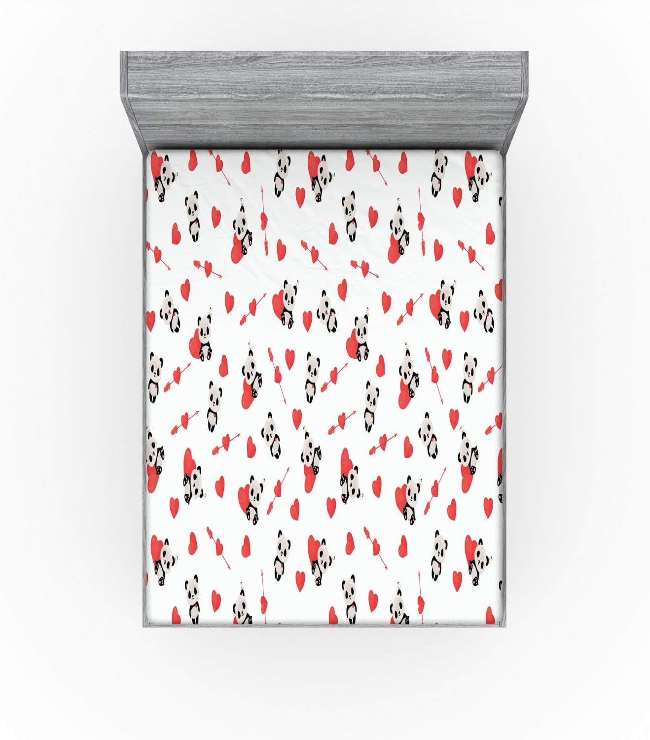 Ambesonne Love Fitted Sheet, Panda Bear in Love Sitting with Vivid Heart and Arrows, Bed Cover with All-Round Elastic Deep Pocket for Comfort, Queen Size, Vermilion Beige Black