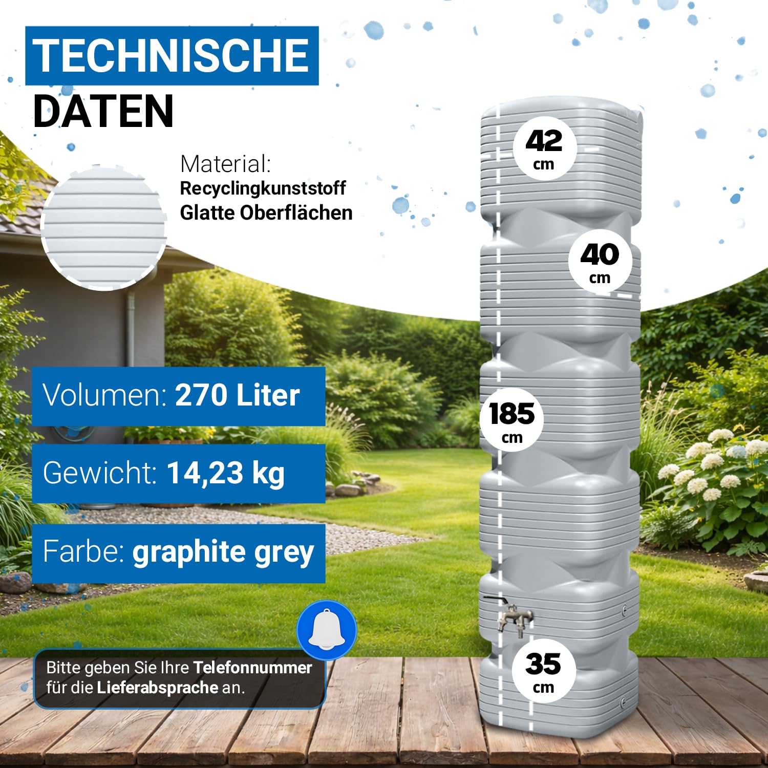 4rain Quadro Regentonne Wandtank Komplett-Set 270 Liter betongrau | inkl. Chrom-Doppelauslaufhahn und Fallrohranschluss, Regenwassernutzung, robustes Material, praktische Lösung