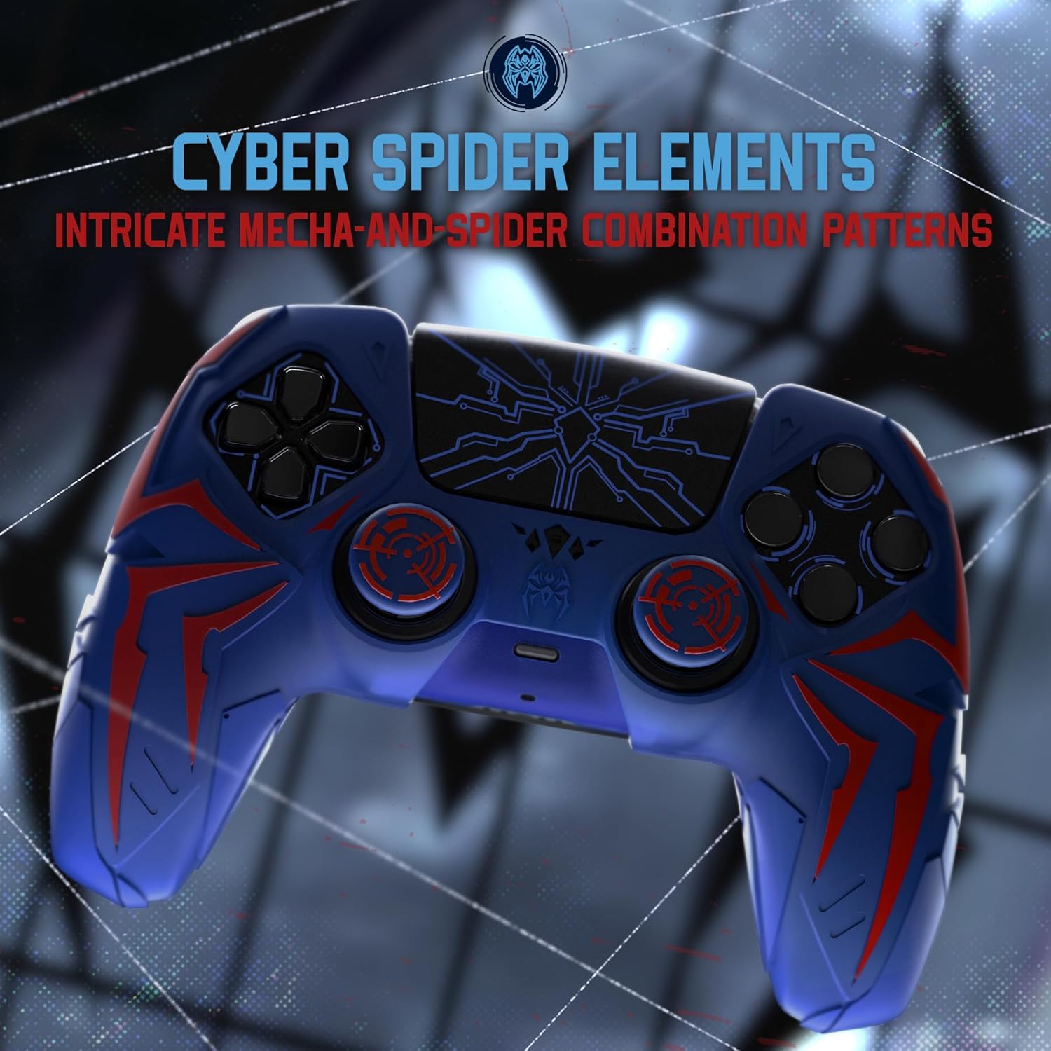 PlayVital Design for ps5 Controller Silicone Case with 2 Thumb Grips and 6 Sticker, Cyber Spider Design, Slip-Resistant Shockproof Controller Cover Skin, Fits for Charging Dock, Red & Blue - Image 2