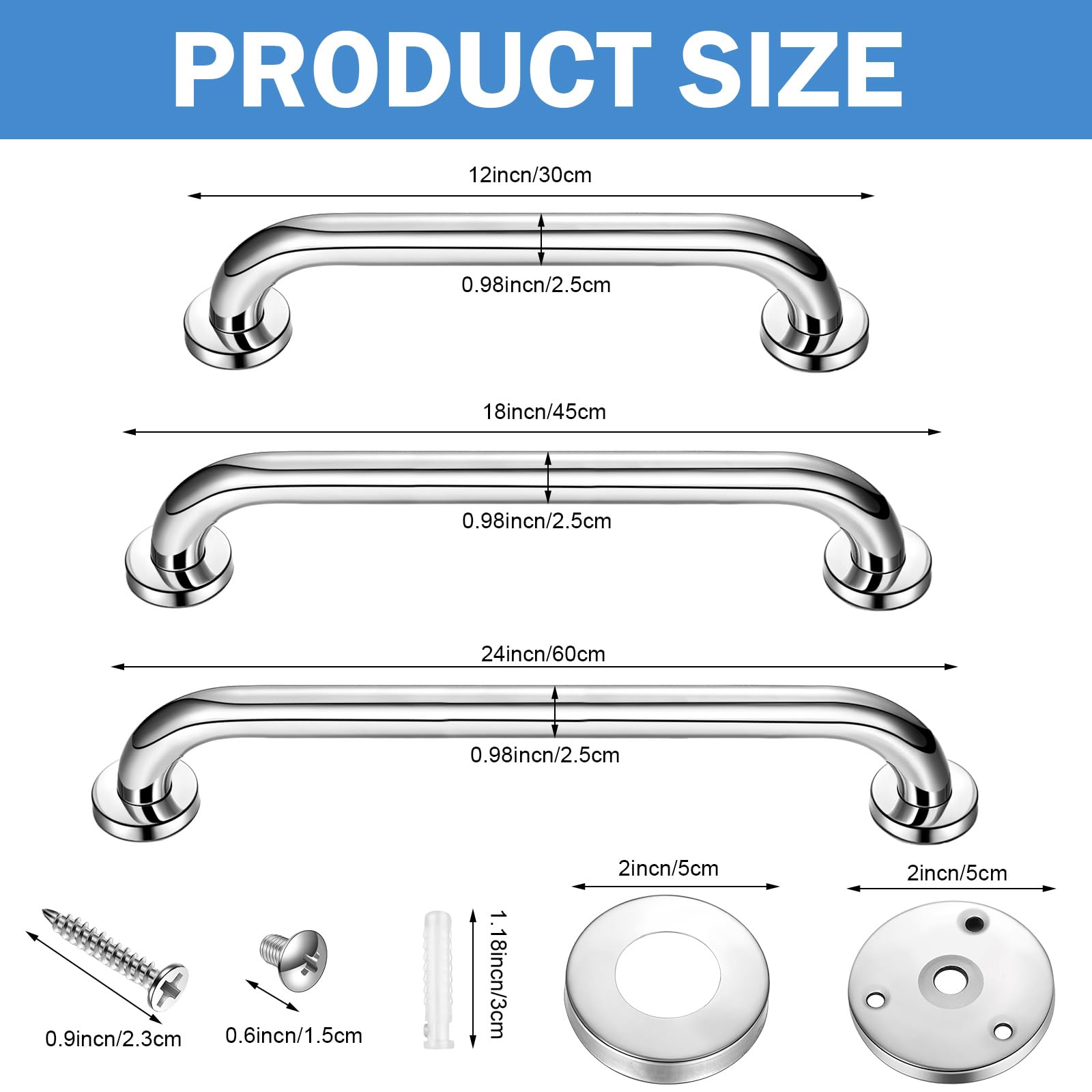 Therwen Paquete de 6 barras de agarre para bañeras y duchas, barras de agarre para personas mayores, acero inoxidable, discapacitados para personas mayores, para pared o ducha, dispositivo de