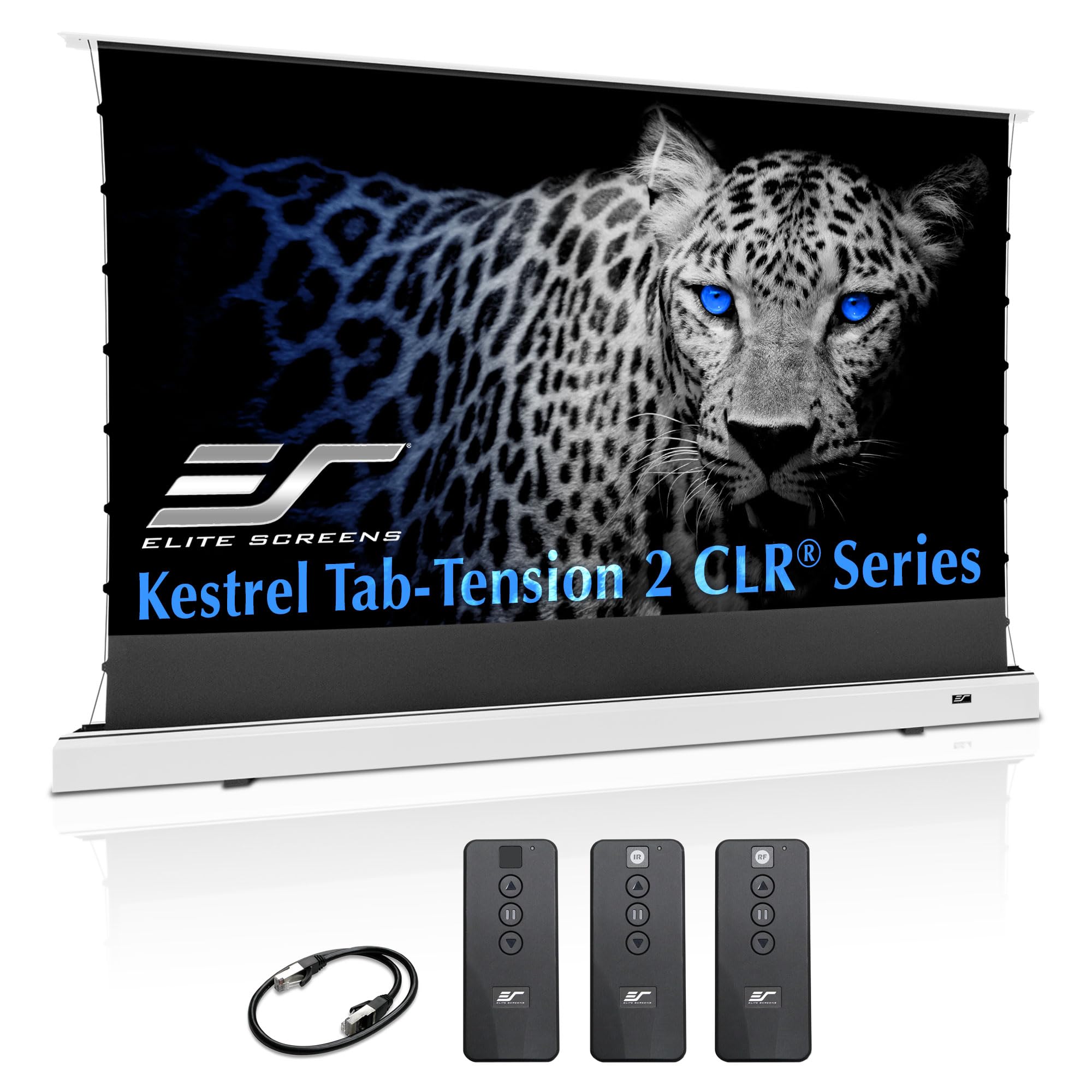 Elite Screens Kestrel Tab-Tension CLR 121 Inch Motorized Floor-Rising Projector Screen, 16:9 UST ALR Ceiling Light Rejecting, Electric Front Projection, FTE121XH3-CLR, White Case