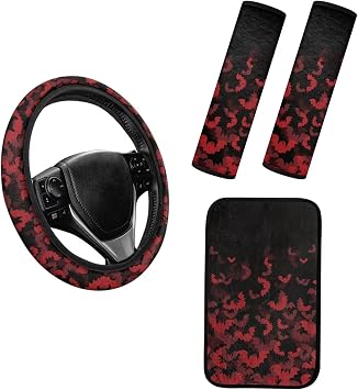 SEANATIVE Halloween Red Bat Car Accessories Set Included Durable Car Steering Wheel Cover Armrest Cover and 2 Packs Seat Belt Covers Cozy Soft Anti-Slip Auto Flannel Winter Elastic Protectors