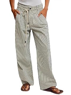 Flamingals Straight Leg Jeans for Women Trendy Mid Rise Striped Drawstring Pleated Casual Pants