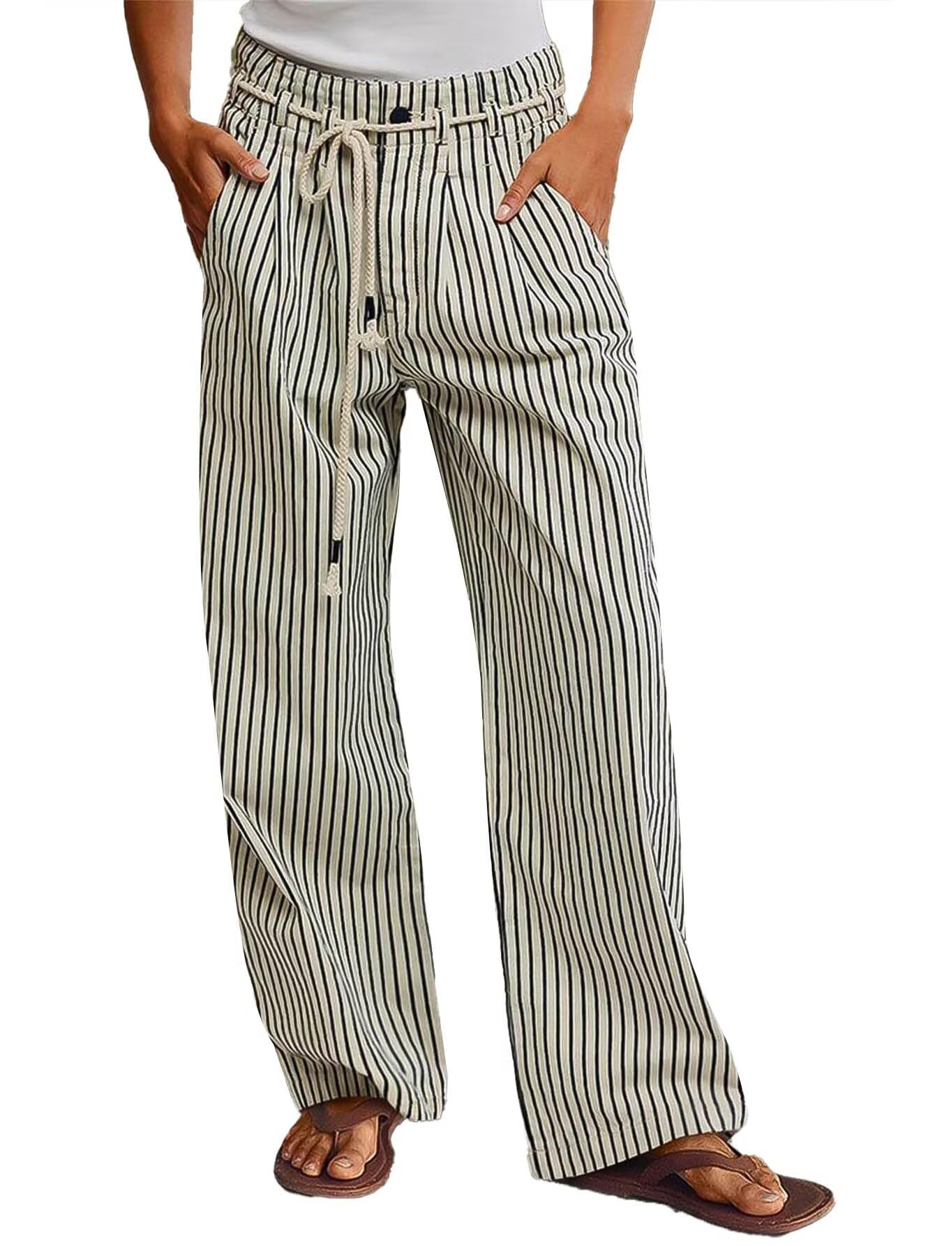 Flamingals Straight Leg Jeans for Women Trendy Mid Rise Striped Drawstring Pleated Casual Pants