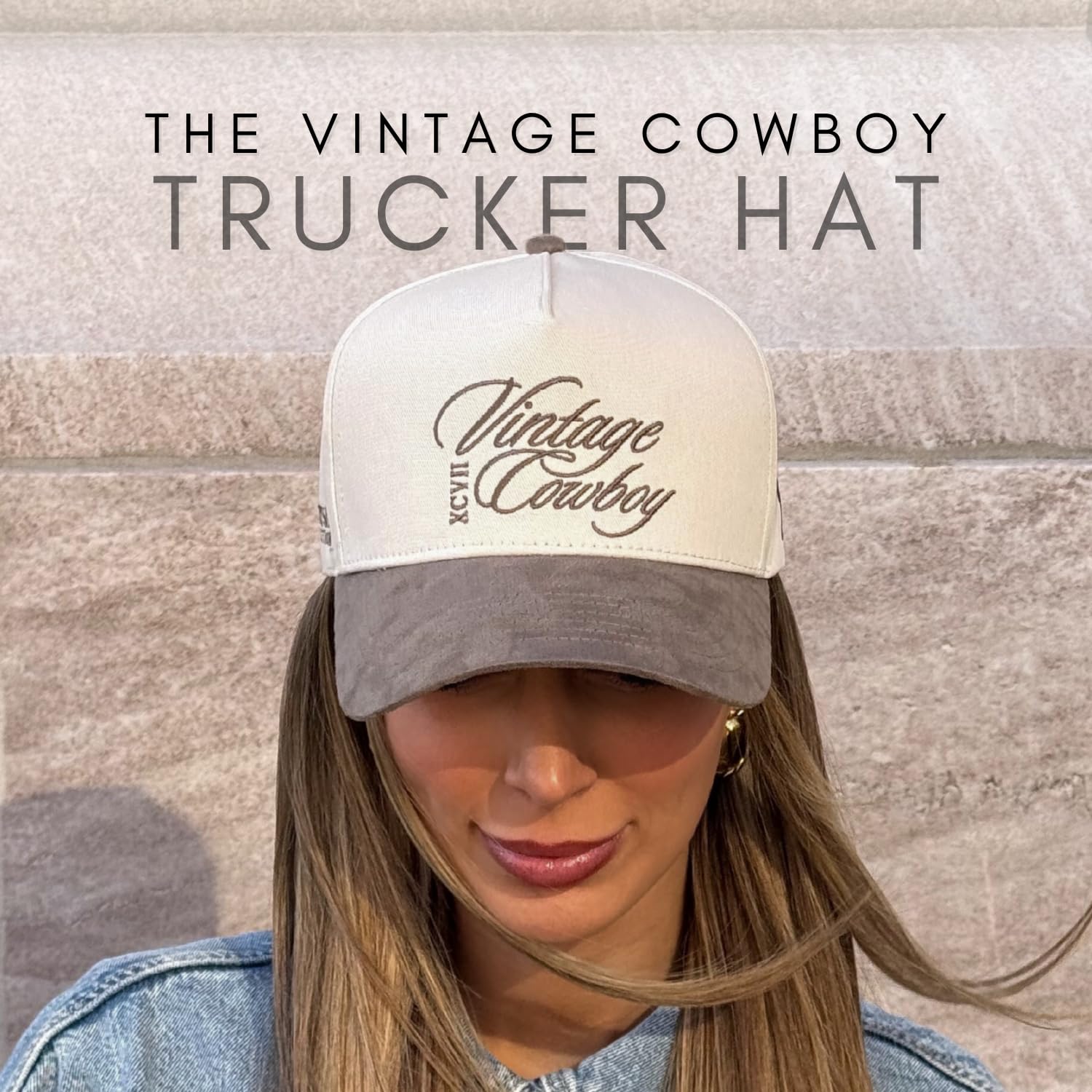 Cappello Vintage da Camionista Occidentale | Uomo e Donna | Cappellini Carini Country per Cowgirl Cowboy | Cotone Ricamato in Denim Mimetico | Snapback, Cowboy Vintage | Camoscio Fango, Taglia Unica