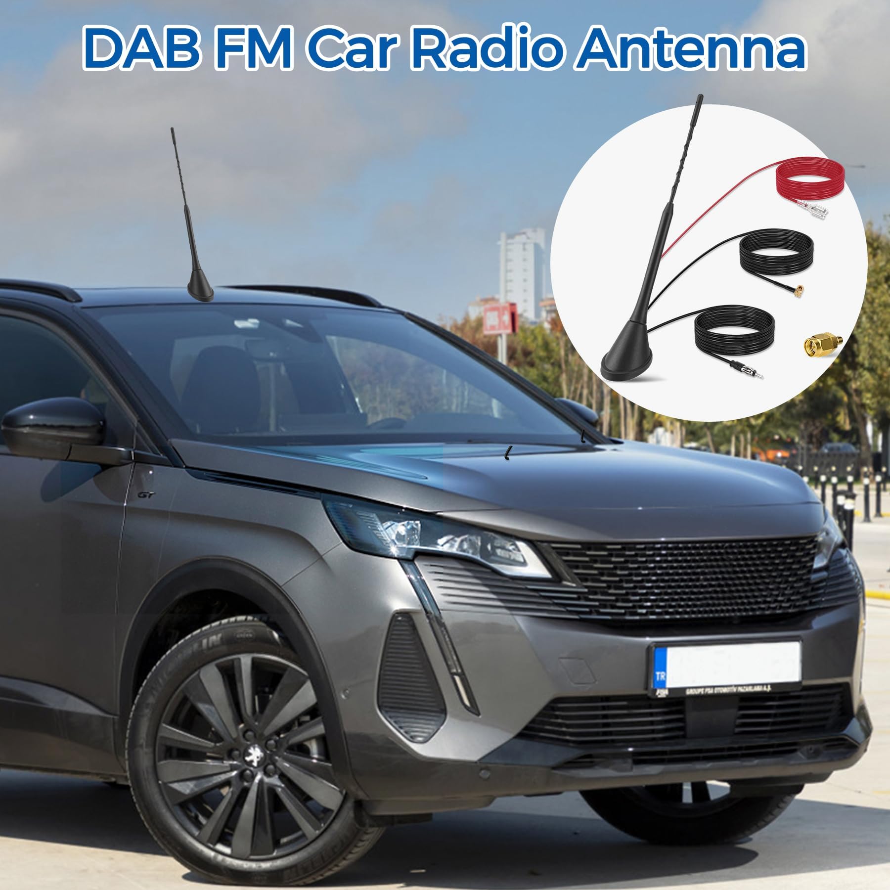 DAB+ Autoantenne | Digitalradio DAB+/FM-Kombi-Dachantenne mit Verstärker | SMB/SMA-Stecker & DIN-Anschluss Auto Antenne | Autoradio-Signalteiler-Verstärker mit 5m Kabel